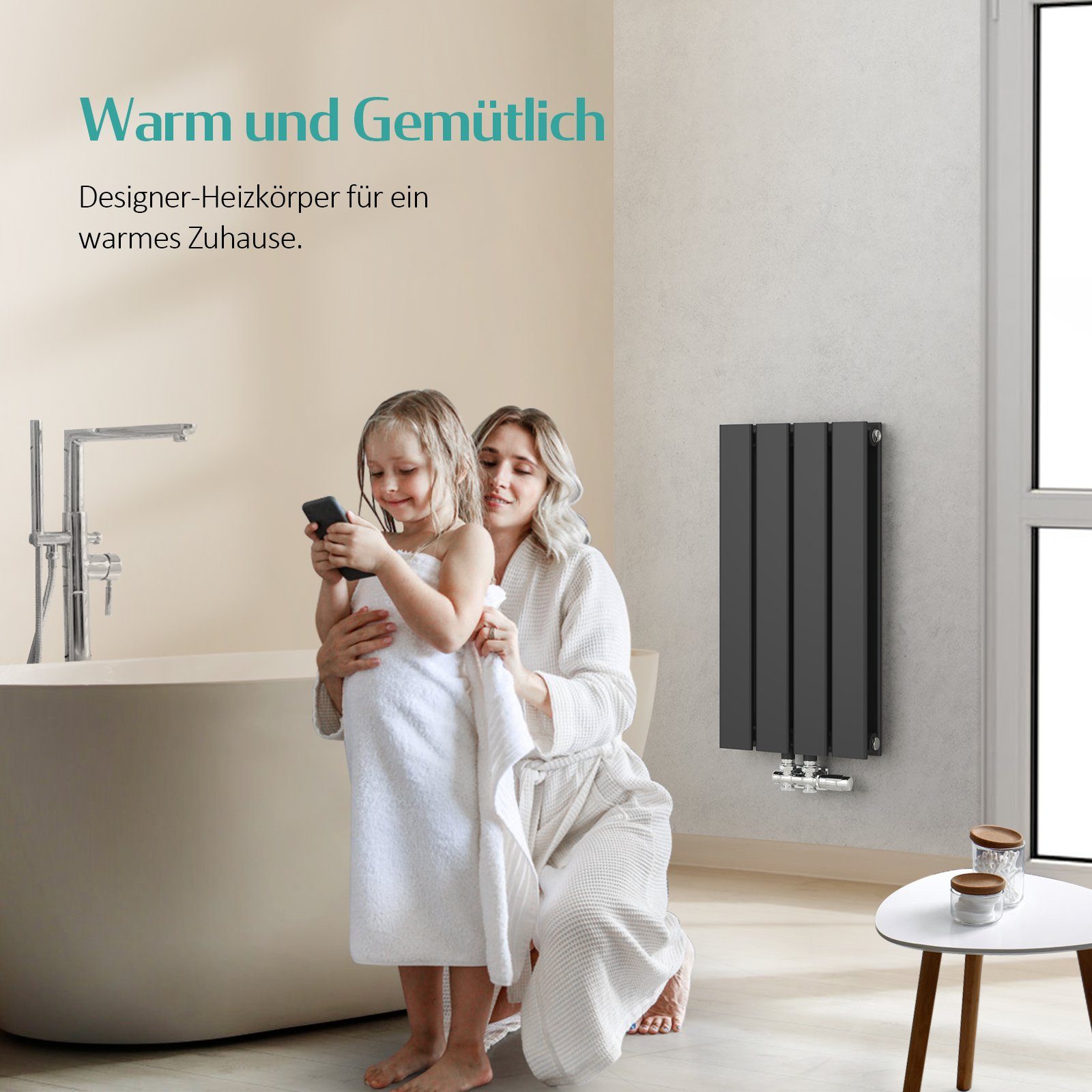 EMKE Heizkörper Paneelheizkörper Kompaktheizkörper Vertikal, Einlagig Heizkörper, Bad Design Heizkörper Mittelanschluss Schwarz