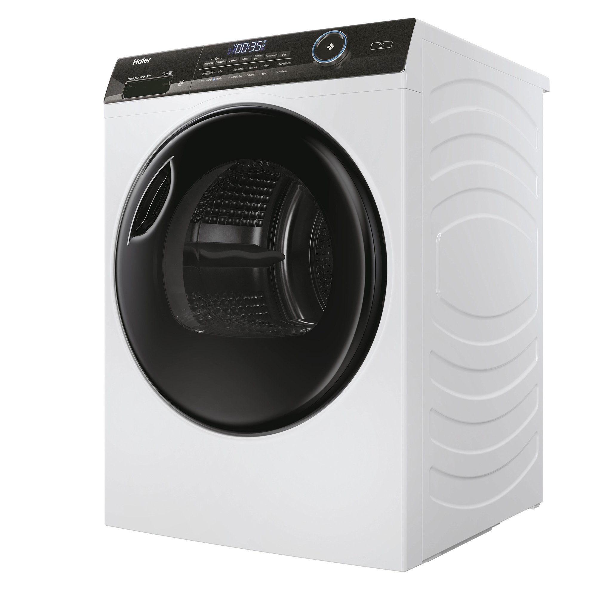 Haier Wärmepumpentrockner weiss HD90-A3TEAM5, 9 kg, Smart hOn App mit künstlicher Intelligenz, Ablaufschlauch