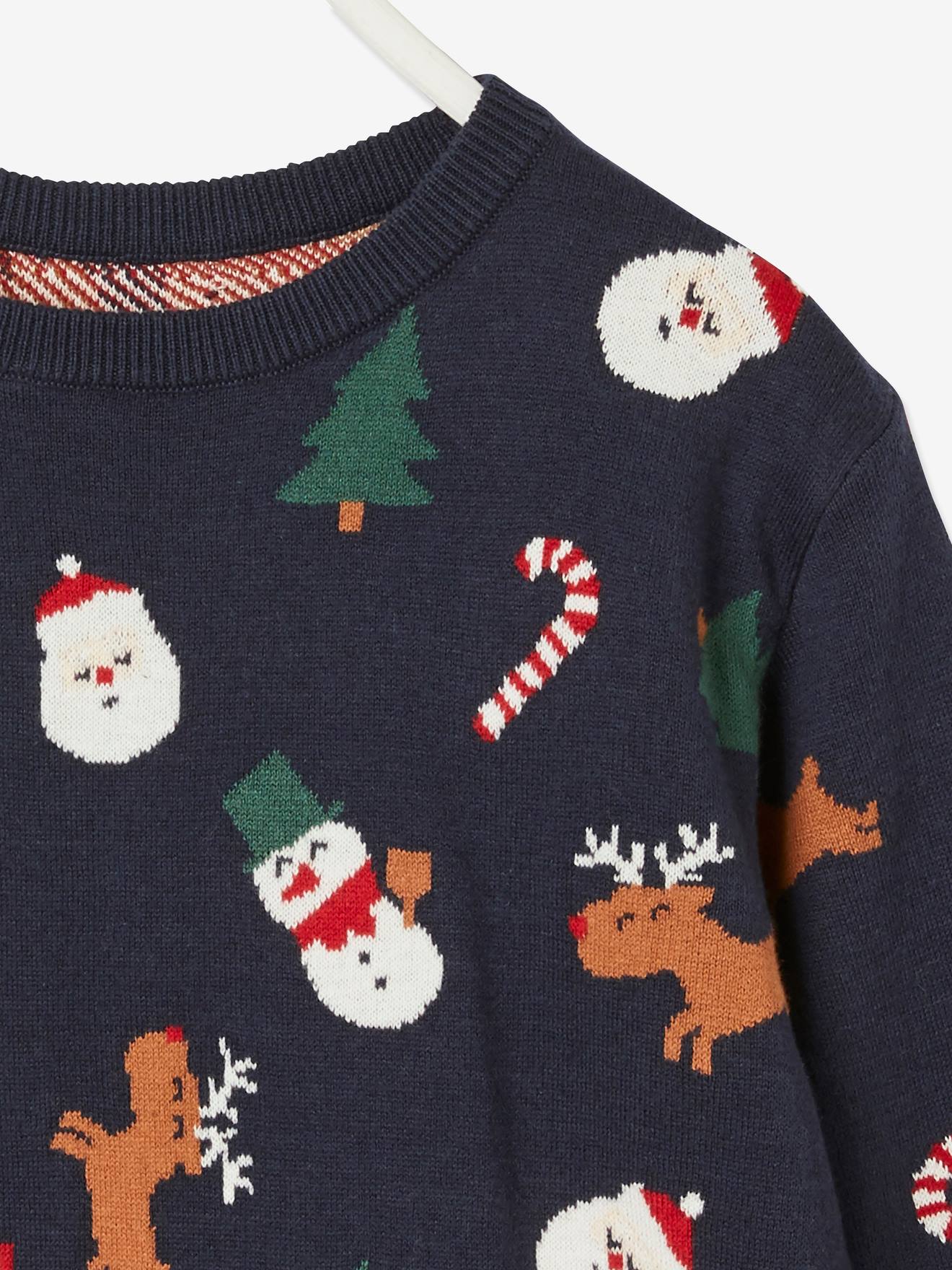 Pull jacquard de Noël garçon motifs ludiques bleu foncé