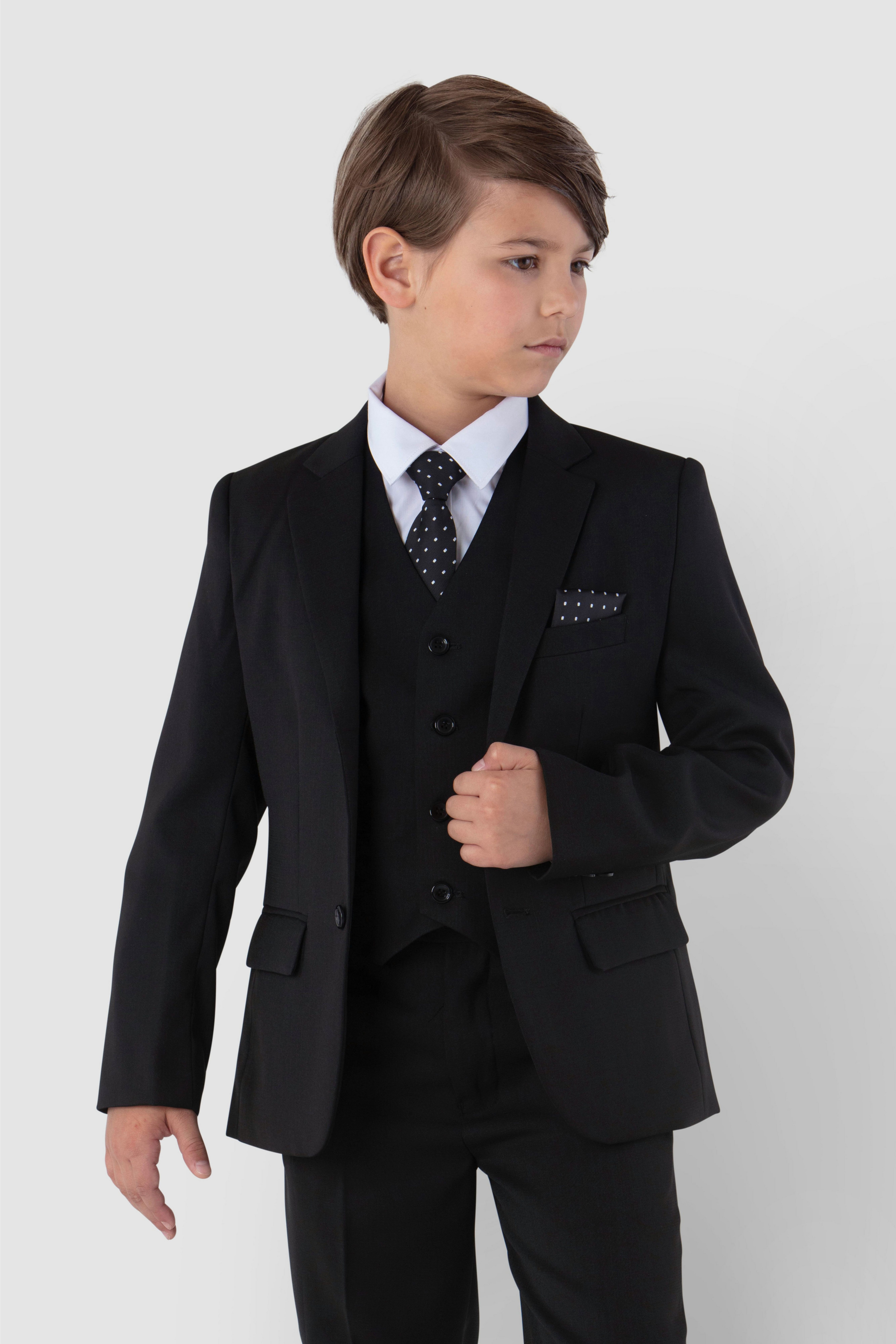 Melli-Trends Kinderanzug Kommunionanzug Jungen Anzug 6-teilig in Schwarz (Set: Sakko, Weste, Hemd, Hose, Krawatte und Einstecktuch) festlich, elegant