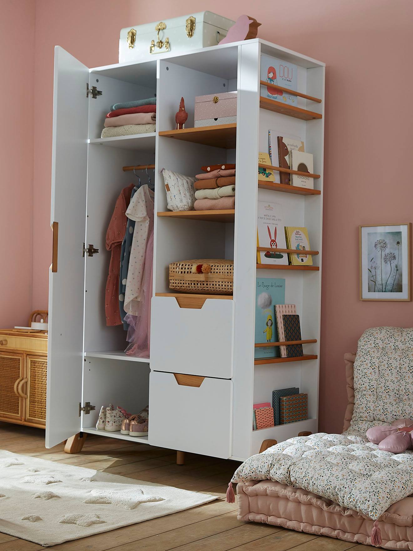 Vertbaudet Kinder Kleiderschrank PIROUETTE mit Bücherregal - weiß