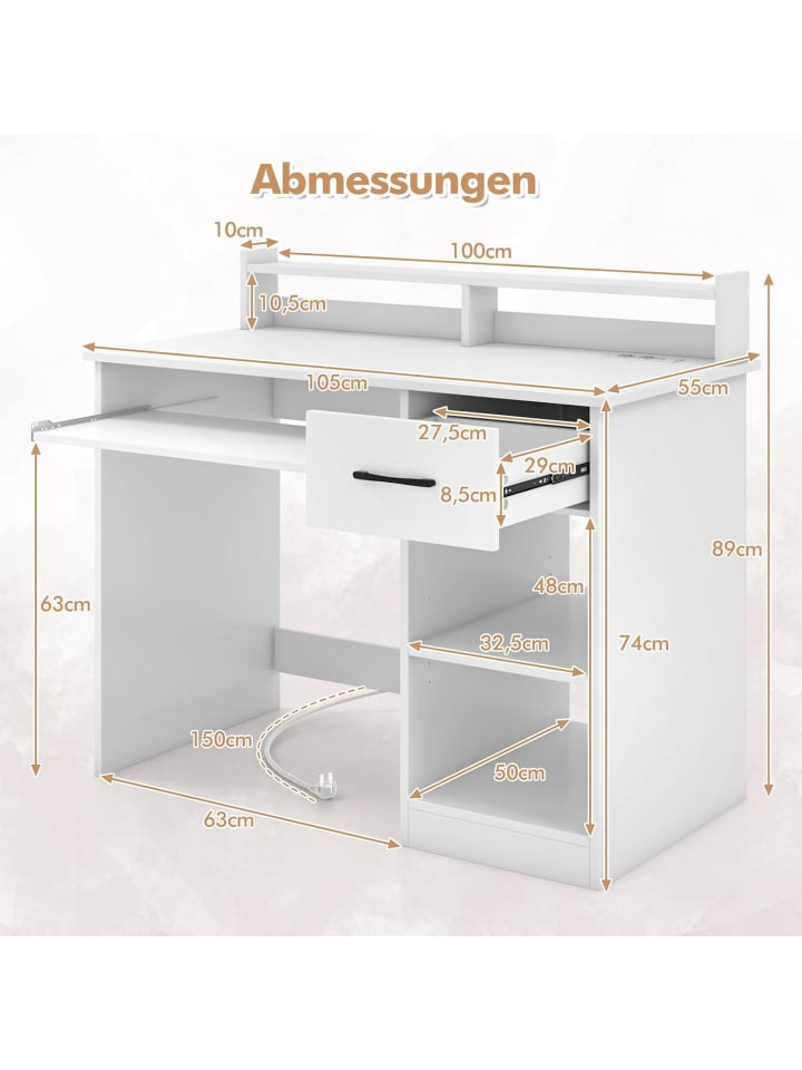 COSTWAY Schreibtisch mit Ladestation & USB/Type-C in Weiß günstig kaufen onesize
