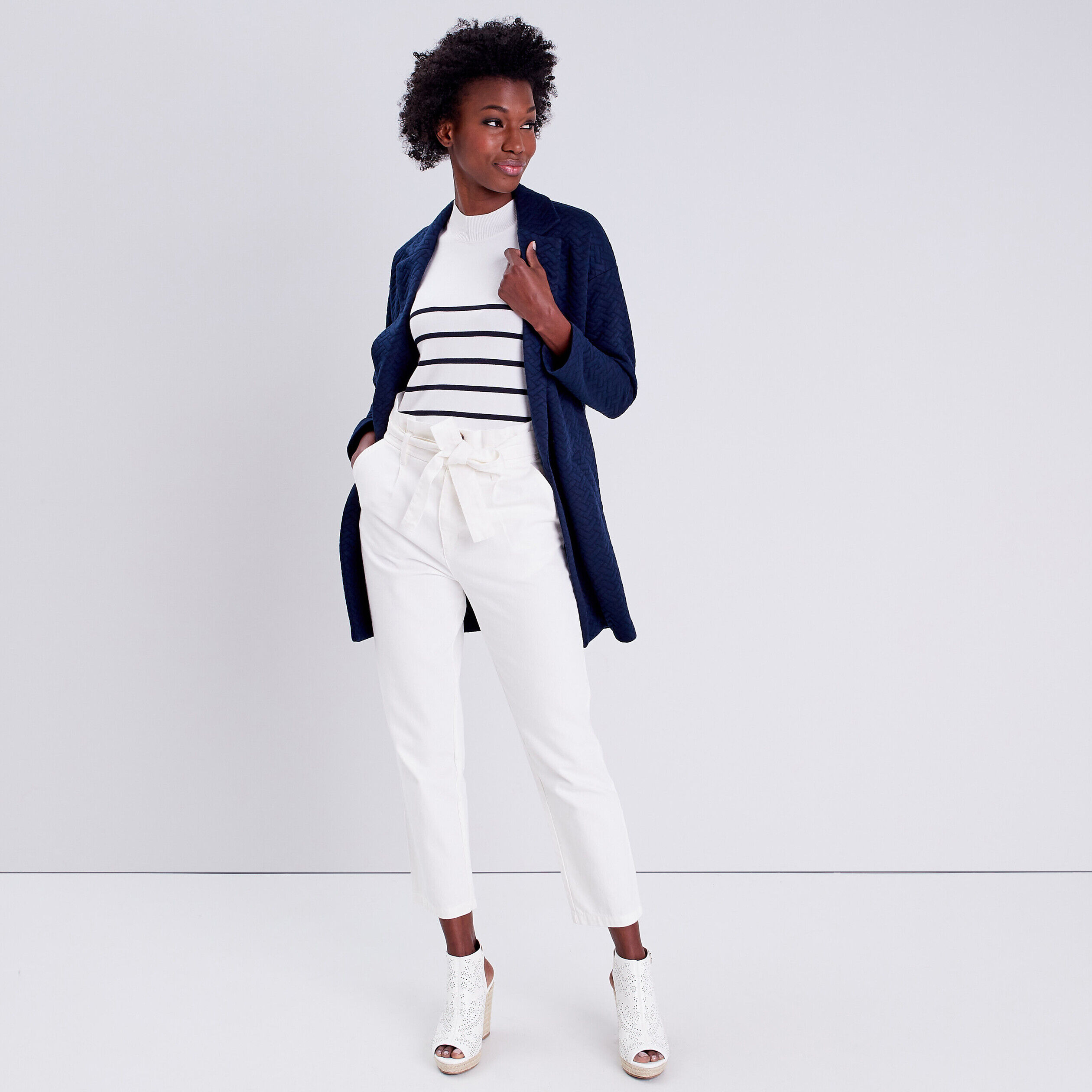 Manteau droit manches longues bleu marine femme | Cache Cache
