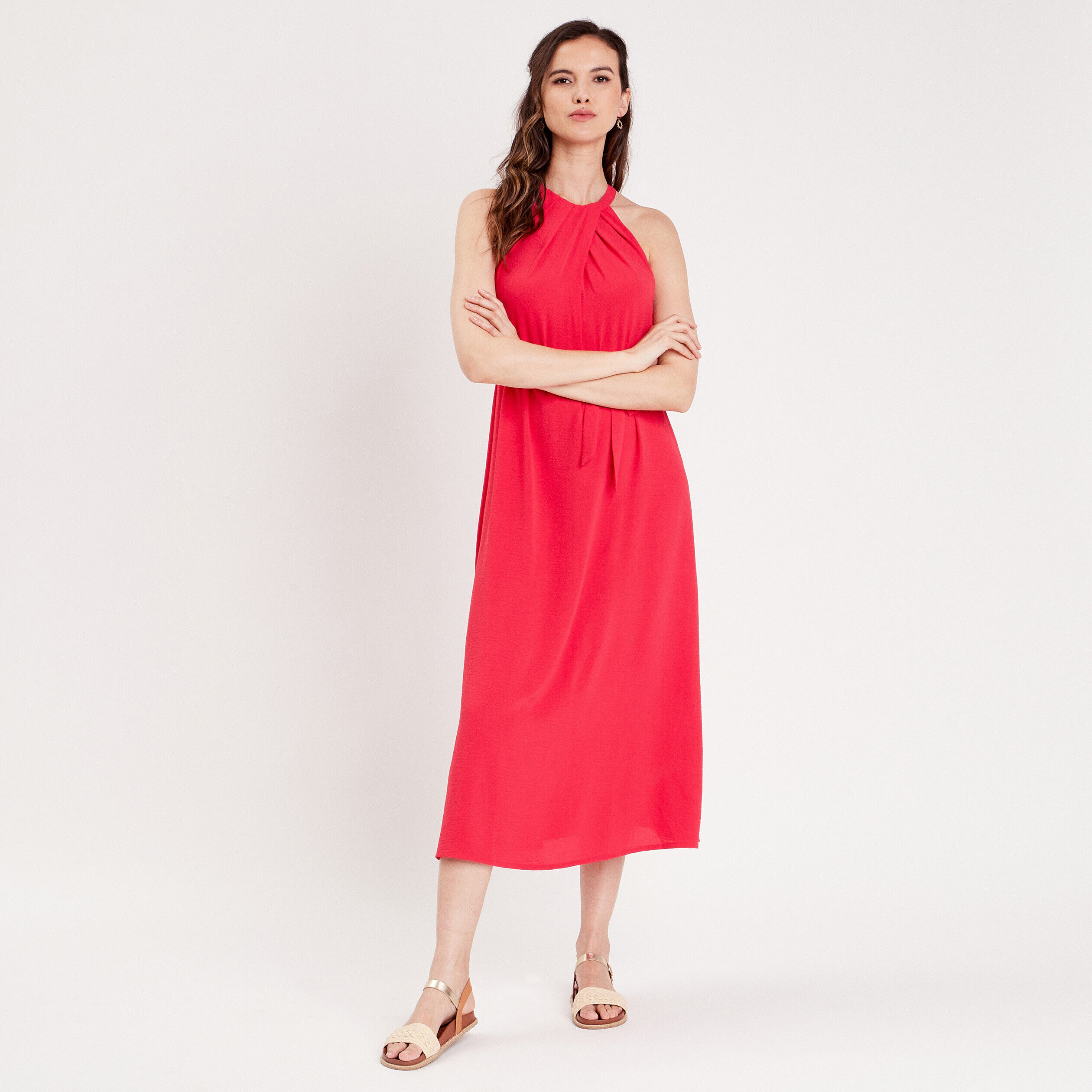 Robe longue droite drapée rose vif femme | Cache Cache