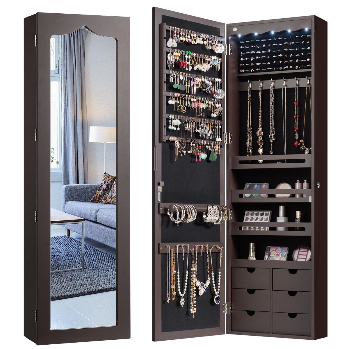 COSTWAY Schmuckschrank mit LED & Ganzkörperspiegel, für Tür und Wand