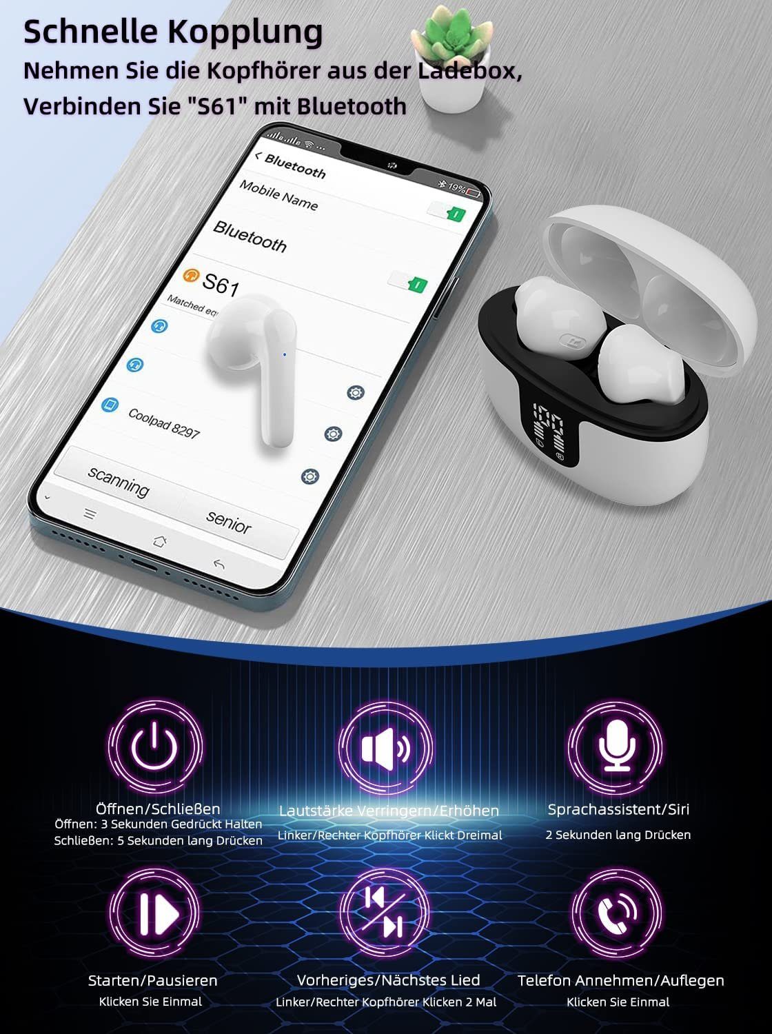IBETTER Bluetooth Kopfhörer, True-Wireless Rauschunterdrückungsfunktion In-Ear-Kopfhörer (Ladeetui mit LED Anzeige, Bluetooth 5.2 True Wireless Earbuds, IPX7 Wasserdicht Kabellose Kopfhörer)