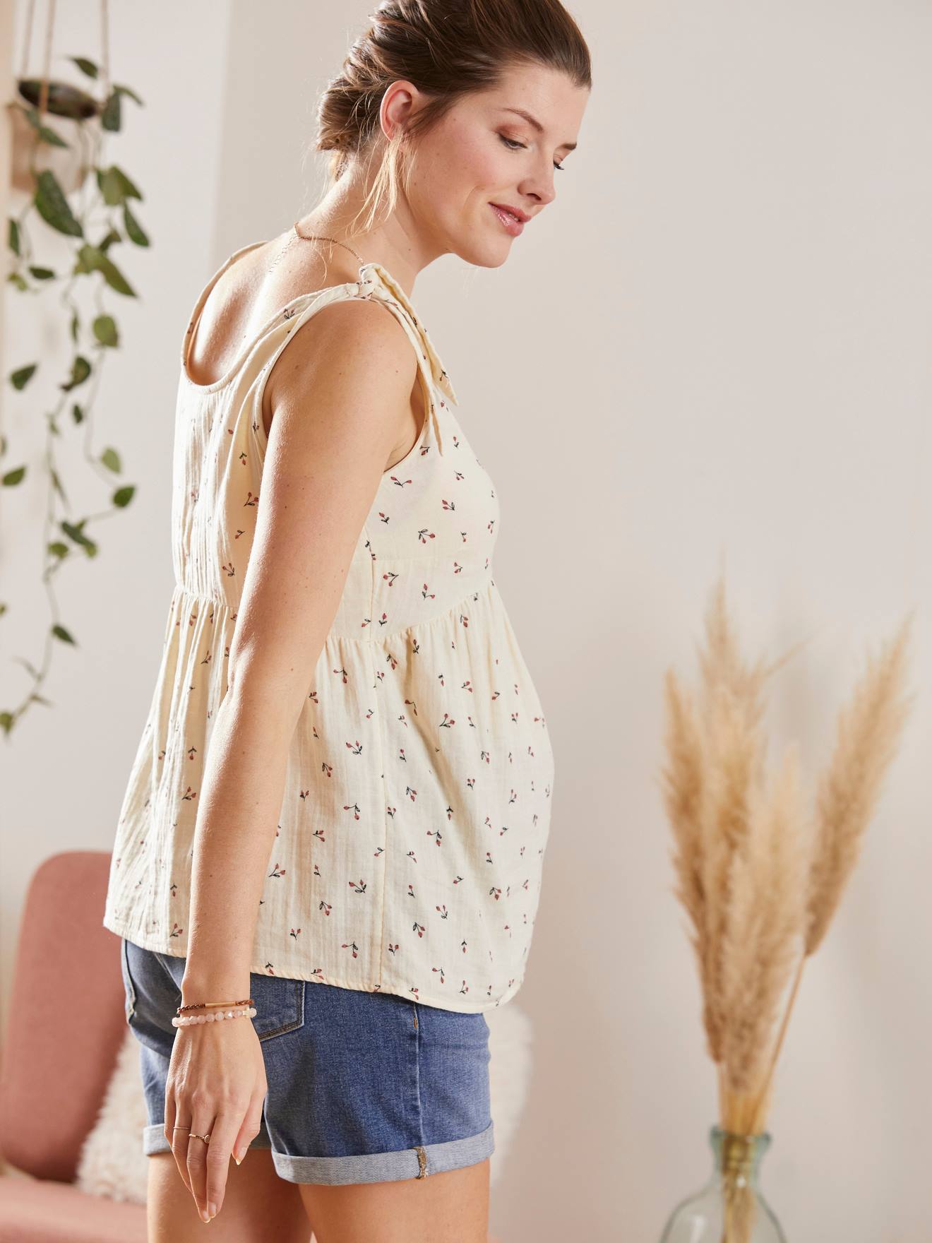 Top débardeur gaze de coton grossesse et allaitement beige imprimé