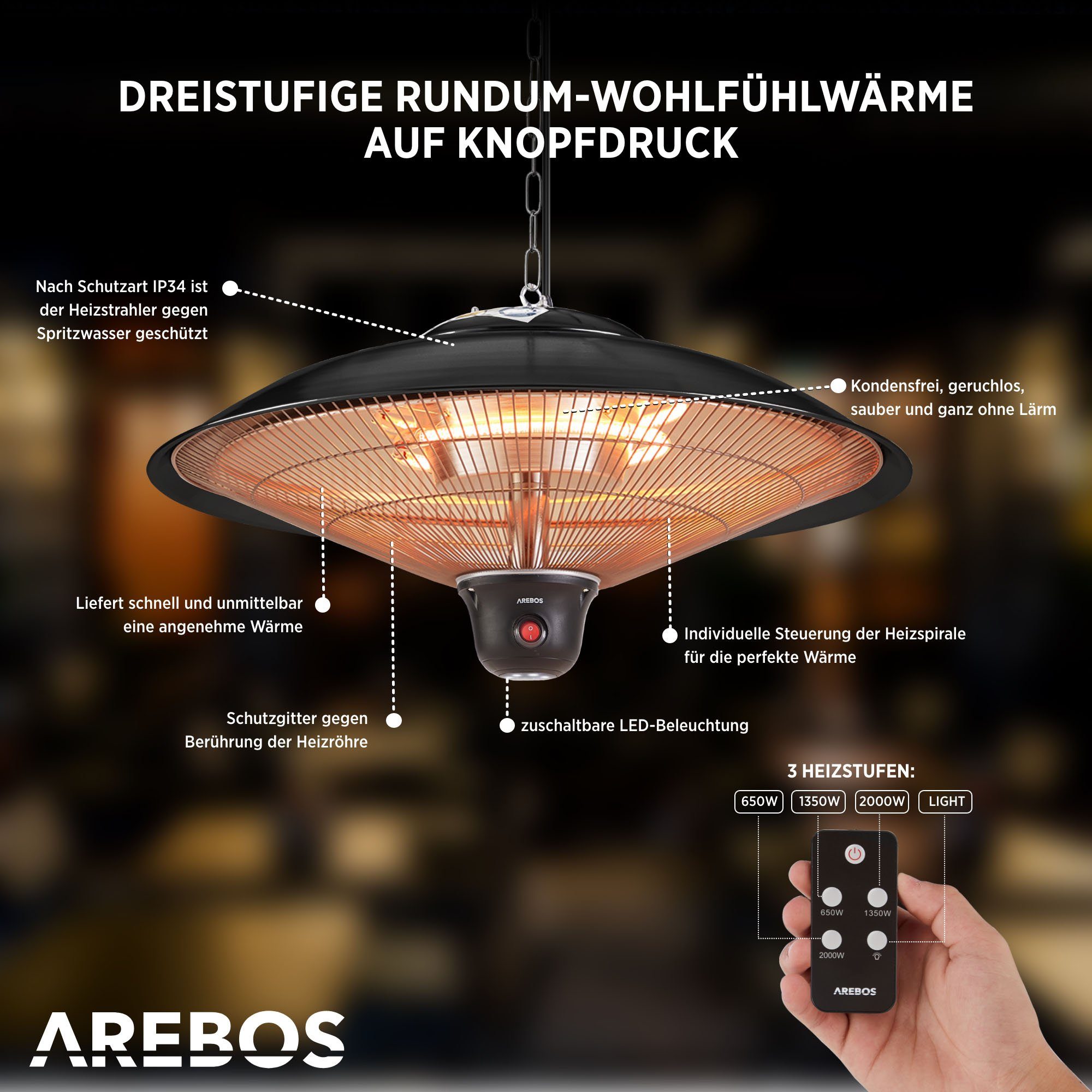 Arebos Infrarotstrahler Deckenheizstrahler, 2.000 W, inkl. LED-Lampe + Fernbedienung