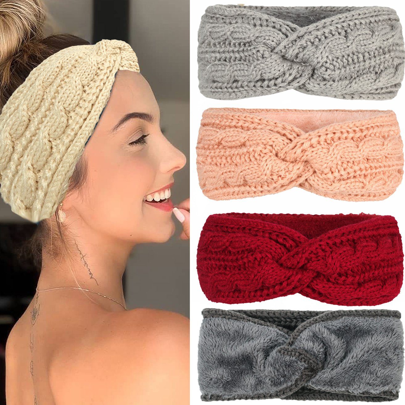 HOHEA H Haarband Winter-Stirnbänder für Damen, rosa Stirnbänder, verschiedene Farben, 1-tlg., Thermo-Strickohr-Stirnband, Sport-Stirnband, Gestricktes Stirnband mit Plüschfutter für den Herbst, Sport-Stirnband
