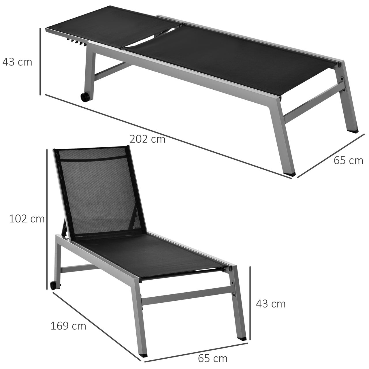 Outsunny Sonnenliege Gartenliege 5-stufige Rückenlehne Aluminium Schwarz