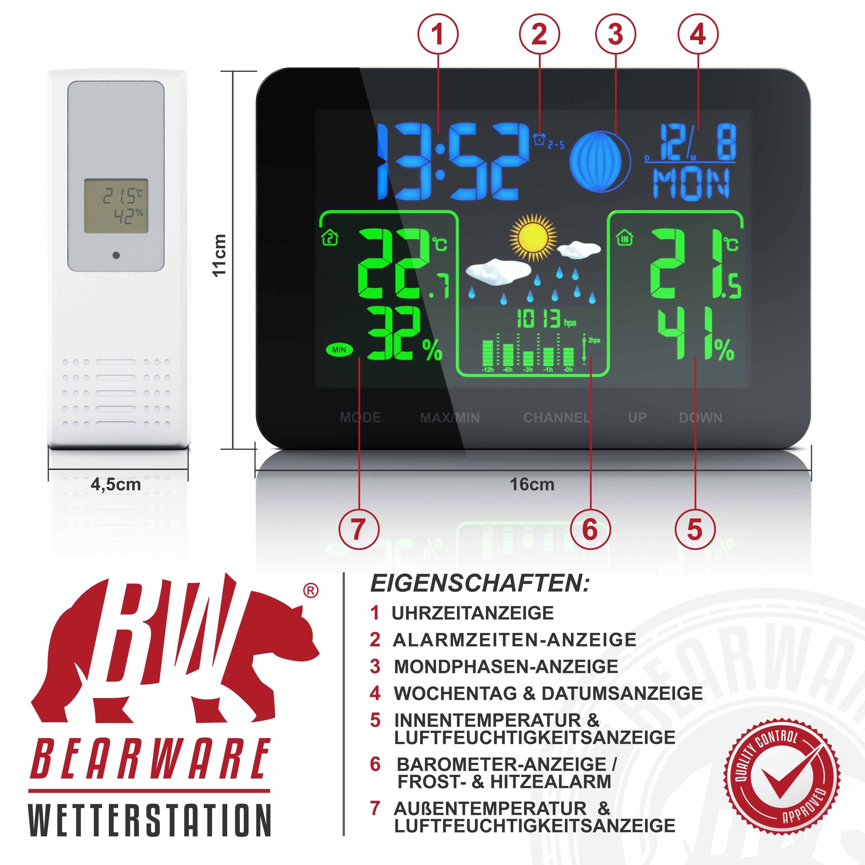 BEARWARE Wetterstation (mit Außensensor, Funk mit Farb Display & Außensensor Barometer, Wettervorhersage uvm)