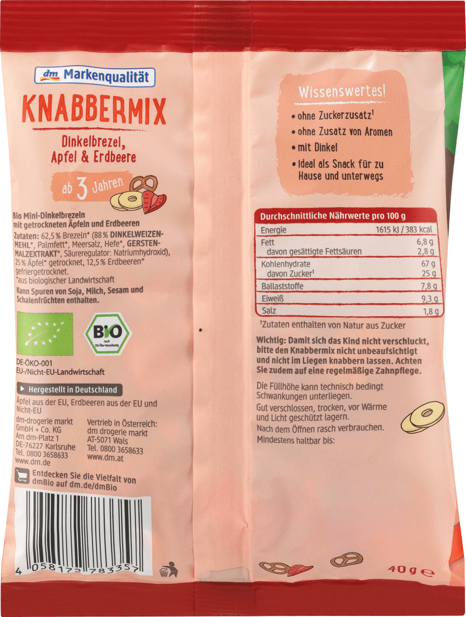 Kindersnack Knabbermix Dinkelbrezel, Apfel & Erdbeere, ab 3 Jahren, 40 g