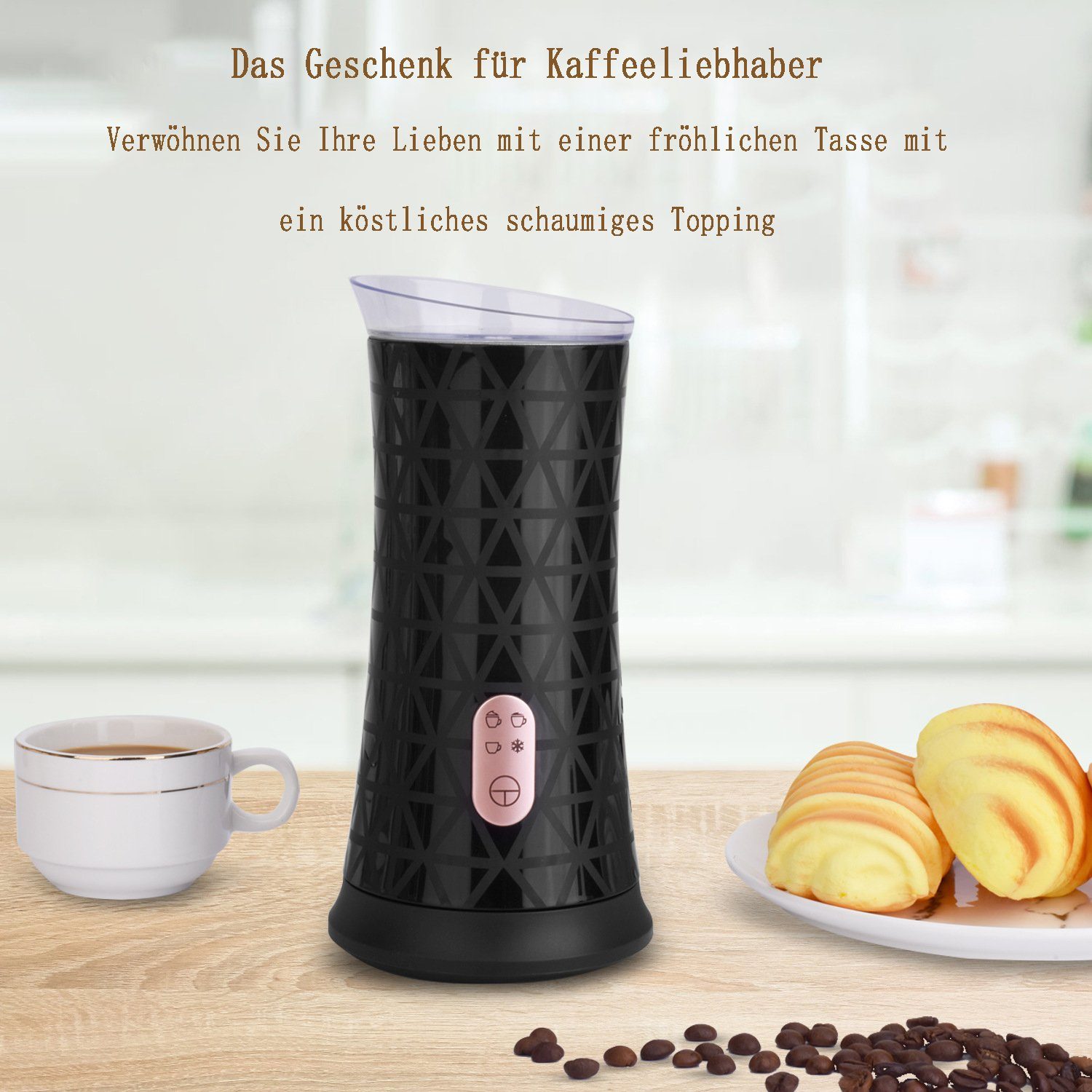 flowgoer Milchaufschäumer Elektrischer Milchaufschäumer, wiederaufladbar über USB (schwarz), Drei einstellbare Geschwindigkeiten, langlebiges Edelstahlmaterial