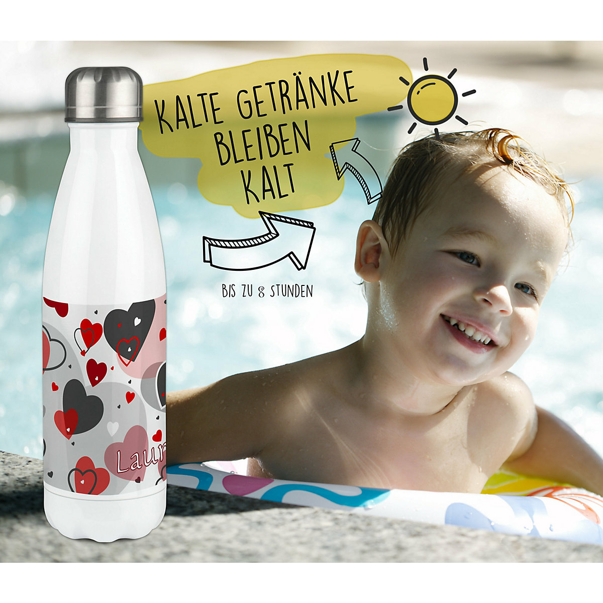 Edelstahl Kinder Thermoflasche / Trinkflasche bunt Herz Farbe rot grau Spülmaschinenfest, Auslaufsicher, Bruchfest, Doppelwandig, Für Heißgetränke geeignet, Mit Deckel, Isoliert
