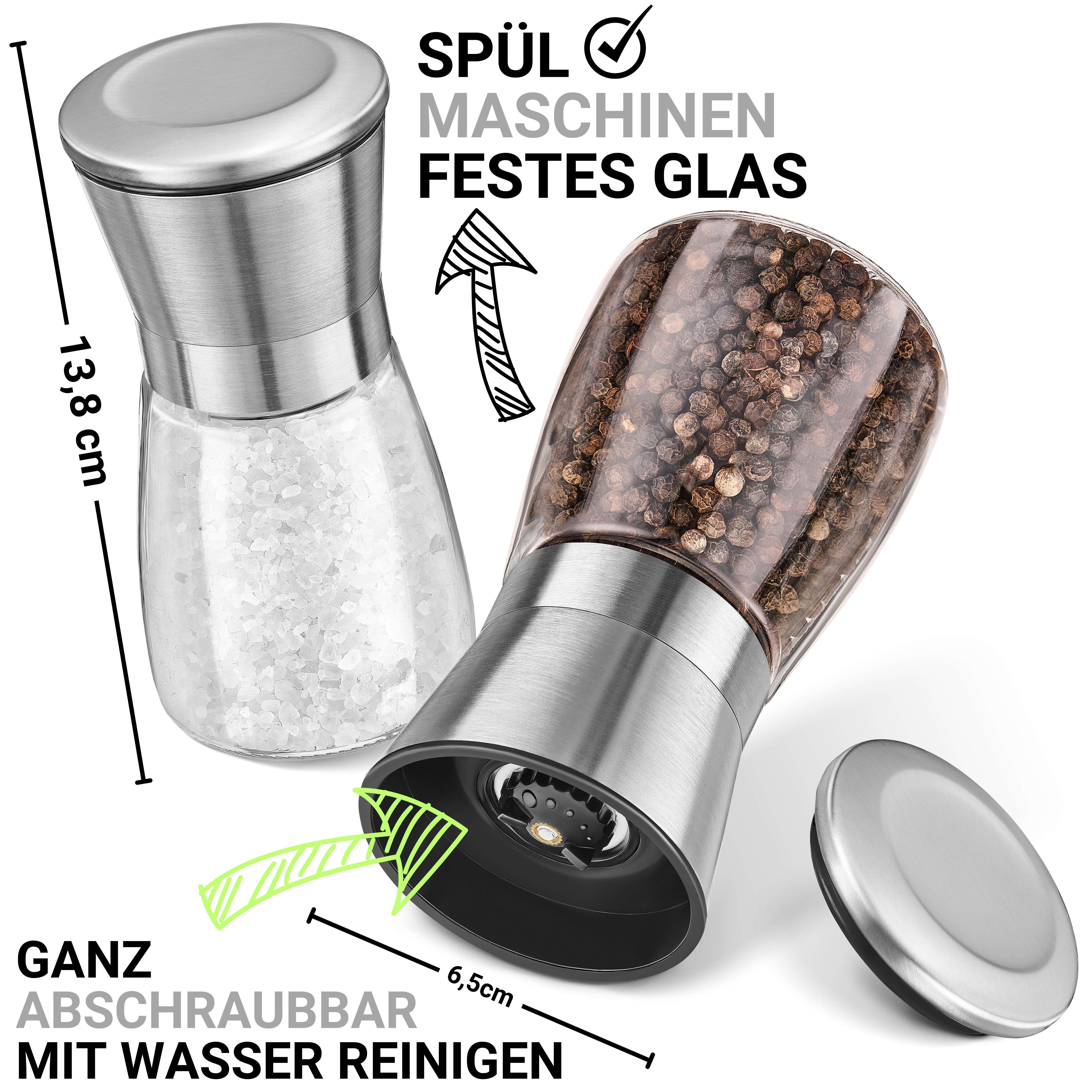 LINFELDT Salz-/Pfeffermühle Gewürzmühle Klein - Keramikmahlwerk Einstellbar Grob & Fein, 2er Set
