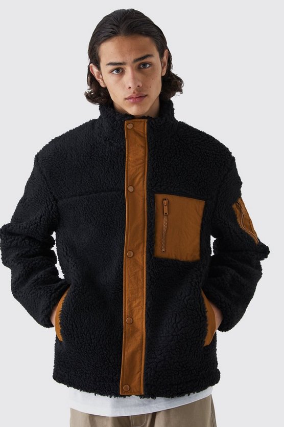 Jacke aus Borg & Nylon mit Trichterkragen