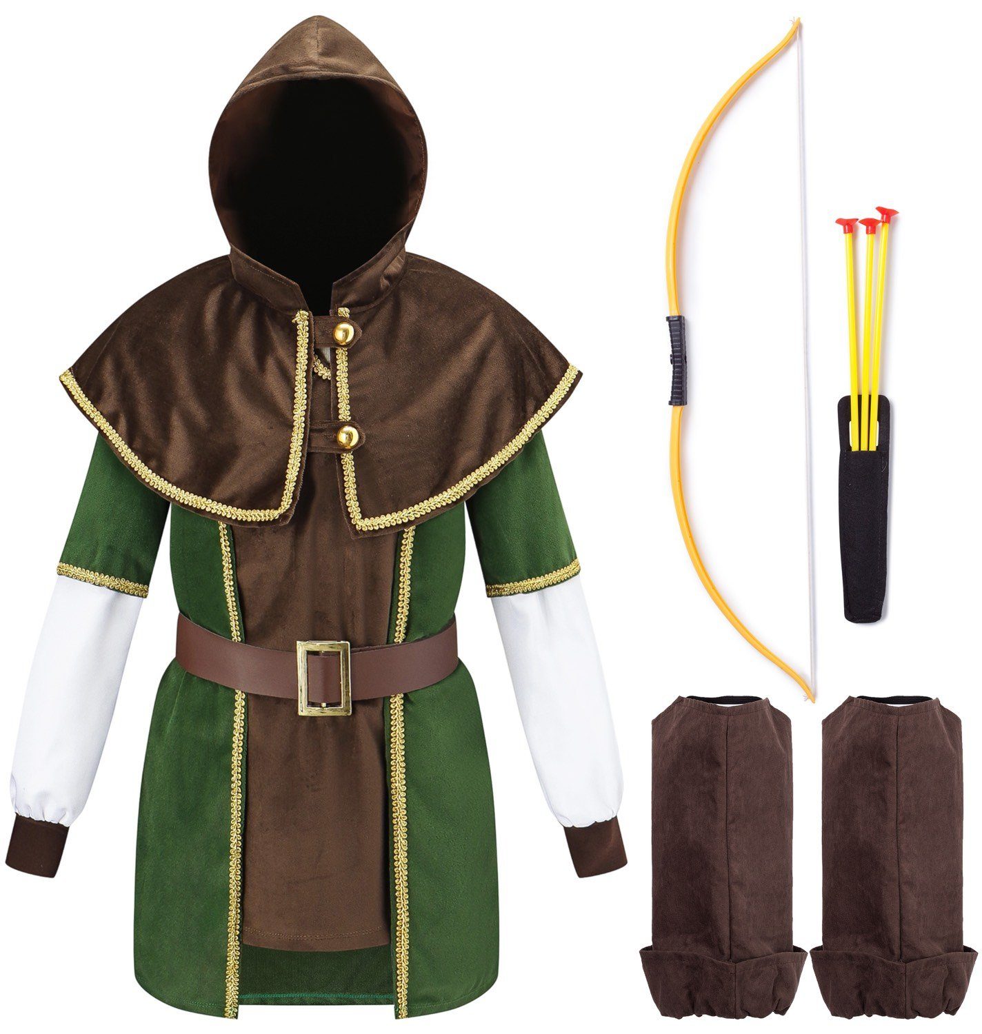 Corimori Ritter-Kostüm Robin Hood Karnevalskostüm Set, Kinder, braun/grün, Kostüm, Fasching, Mittelalterfest, Jungen, mit Pfeil und Bogen