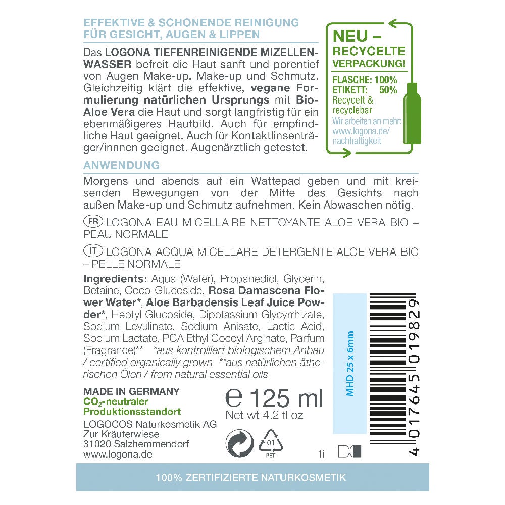 LOGONA Tiefenreinigendes Mizellenwasser Bio-Aloe Vera 125 ml