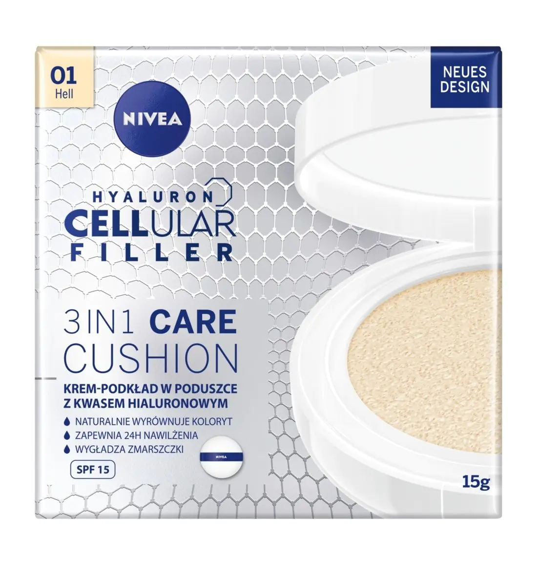 Base em formato de cushion antirrugas Nivea Hyaluron Cellular Filler, cor clara.