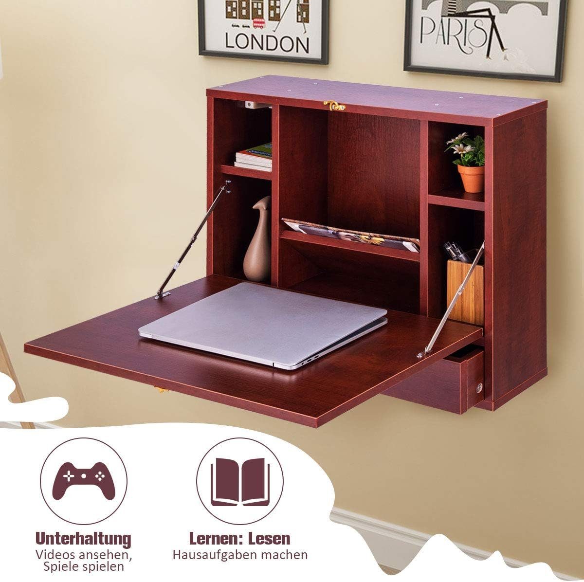 KOMFOTTEU Klapptisch Wandklapptisch, Arbeitstisch für PC Computer, aus Holz, mit Ablagefach und Schublade