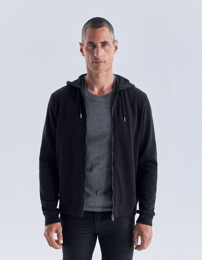 Cardigan noir nid d'abeille à capuche Homme