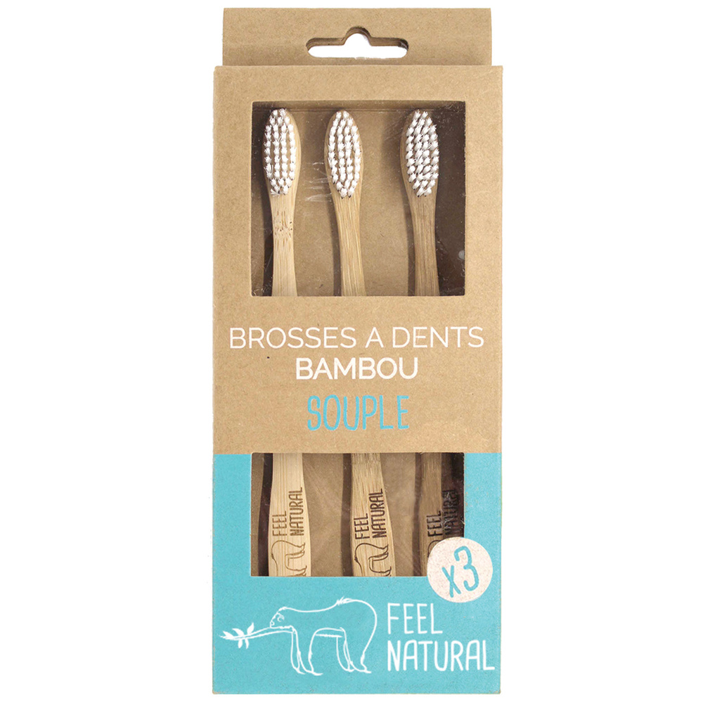 feel natural Lot de 3 Brosses à dents en bambou - Sou ple Brosse à dents