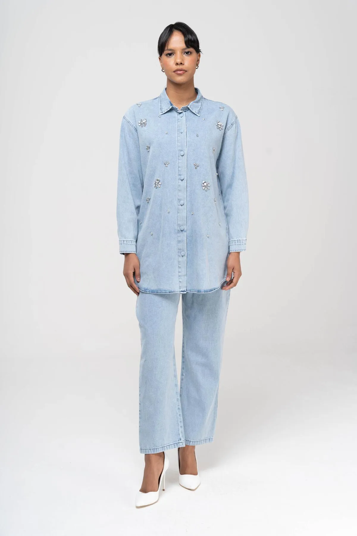 Olcay  Tuniği Jeansanzug mit Steinerbsen und Hose mit elastischer Taille BLAU 9225-TK