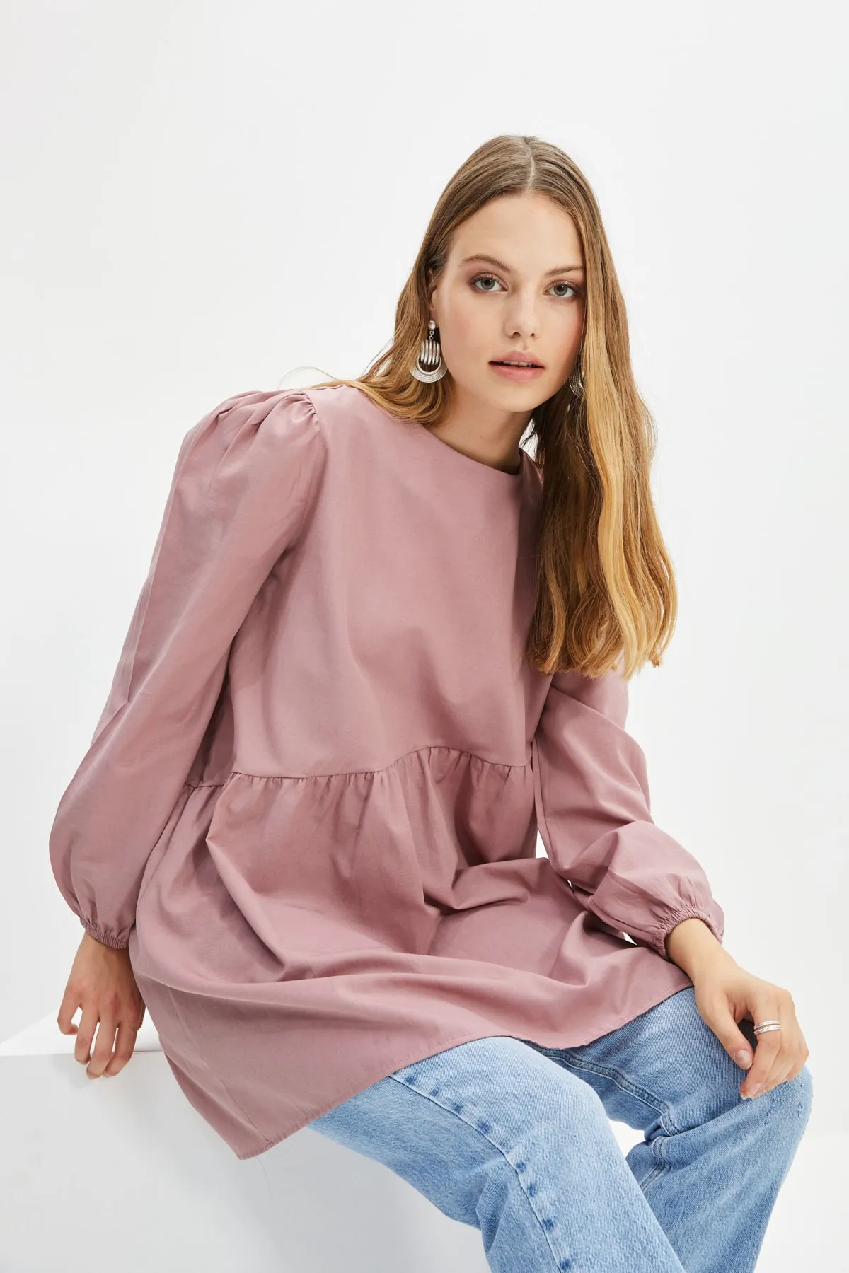 Trendyol Modest  Gewebte Tunika mit Rundhalsausschnitt und Kordelzug, Dried Rose TCTAW22UK0051