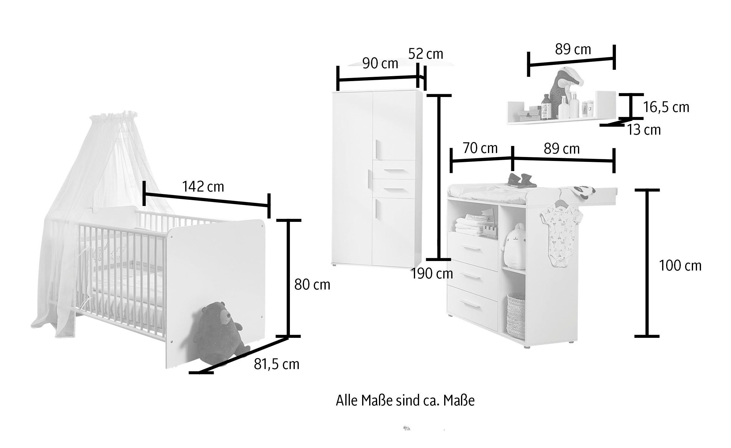 BMG Möbel Babyzimmer-Komplettset Lea, (Set, 4-St., Bett, Wickelkommode, Schrank, Wandboard), Bett + Wickelkommode + 3-trg. Schrank + Wandboard