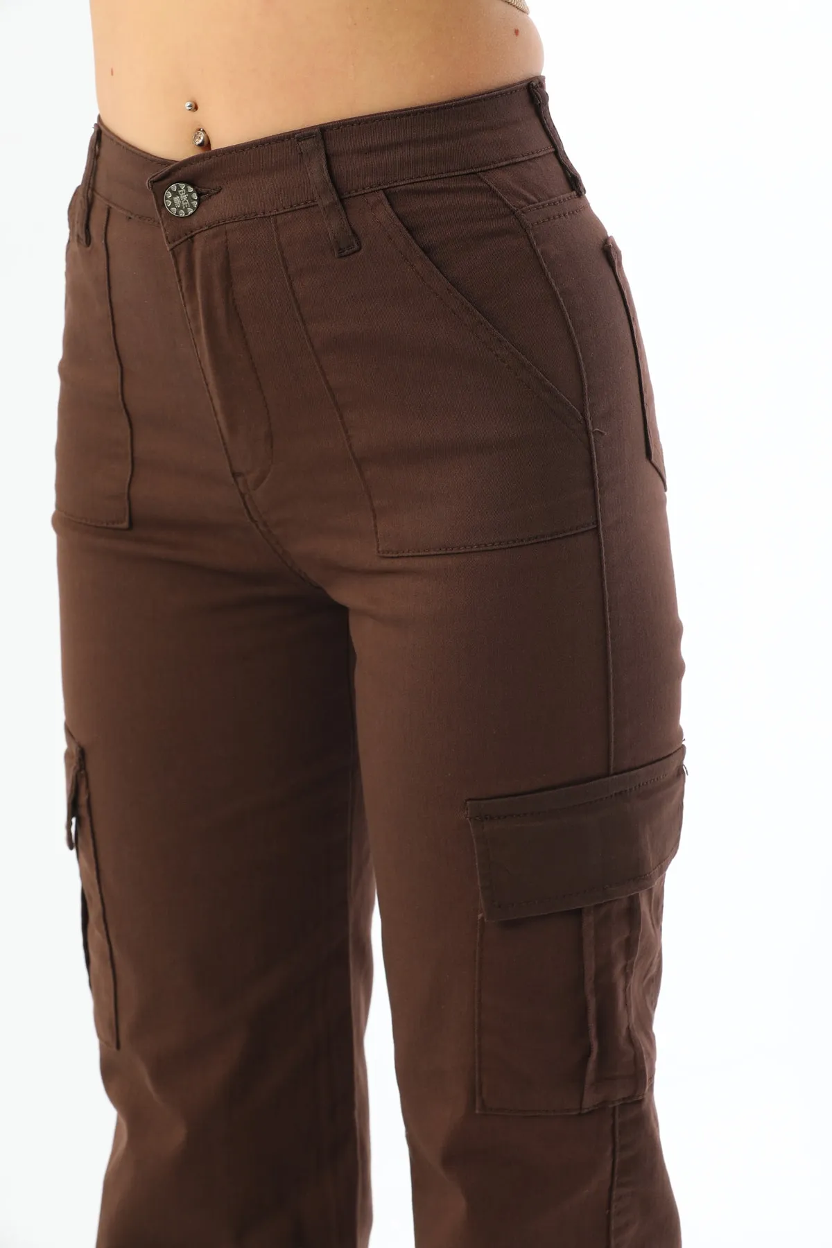 BİKELİFE  Braune Cargo-Hose aus Lycra mit hoher Taille und weitem Bein und Tasche