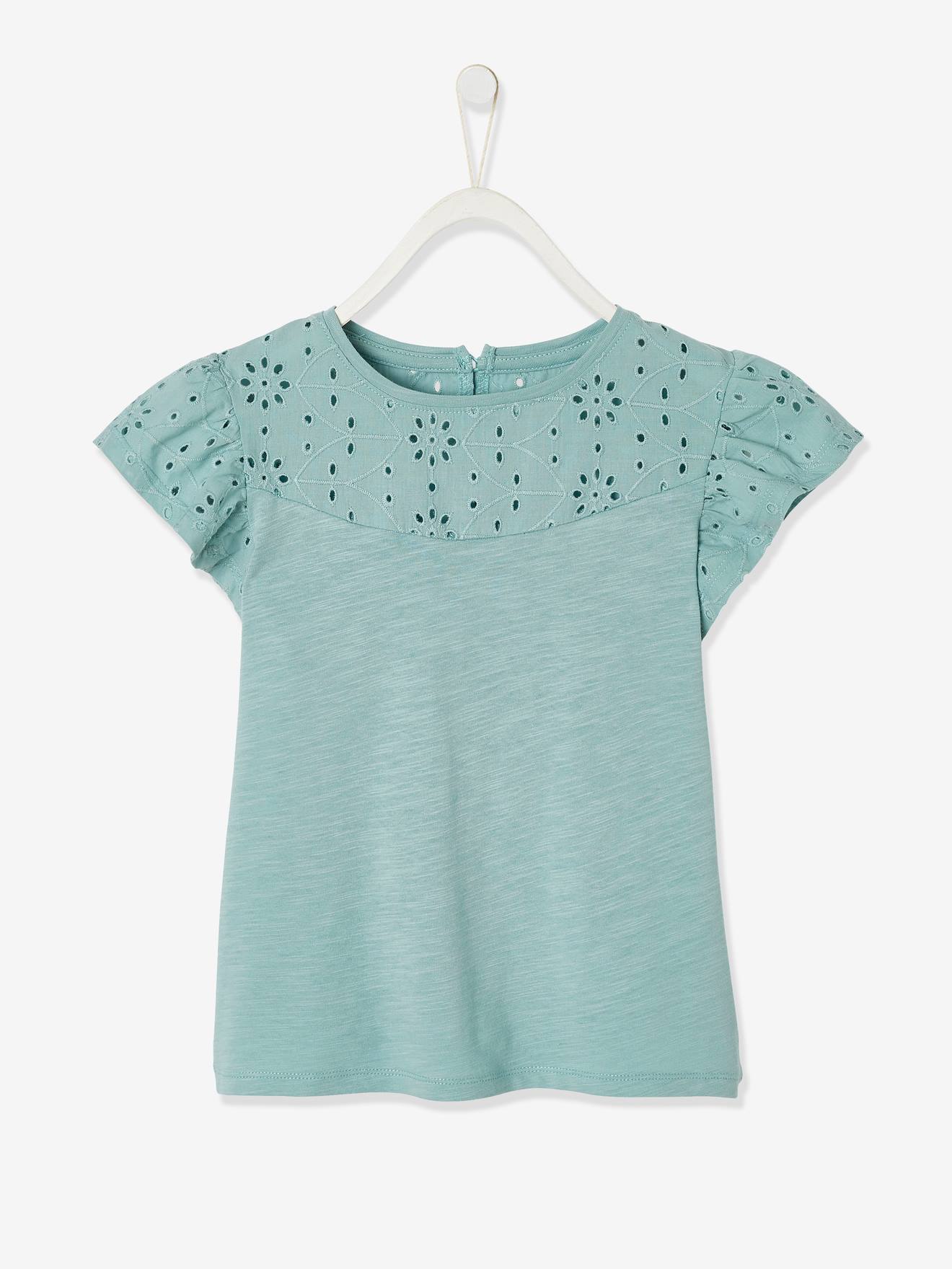T-shirt fille avec détails broderie anglaise bleu marine