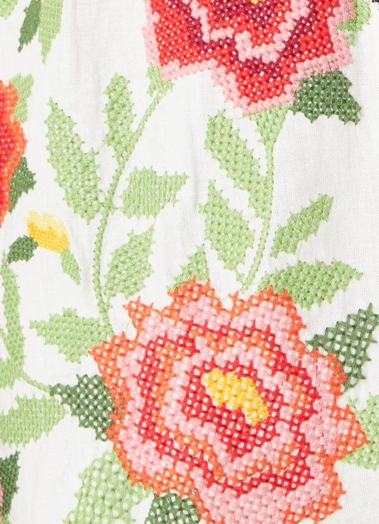 Bluză scurtă Farm Rio Carmina, confecționată dintr-un amestec de in și broderie florală.