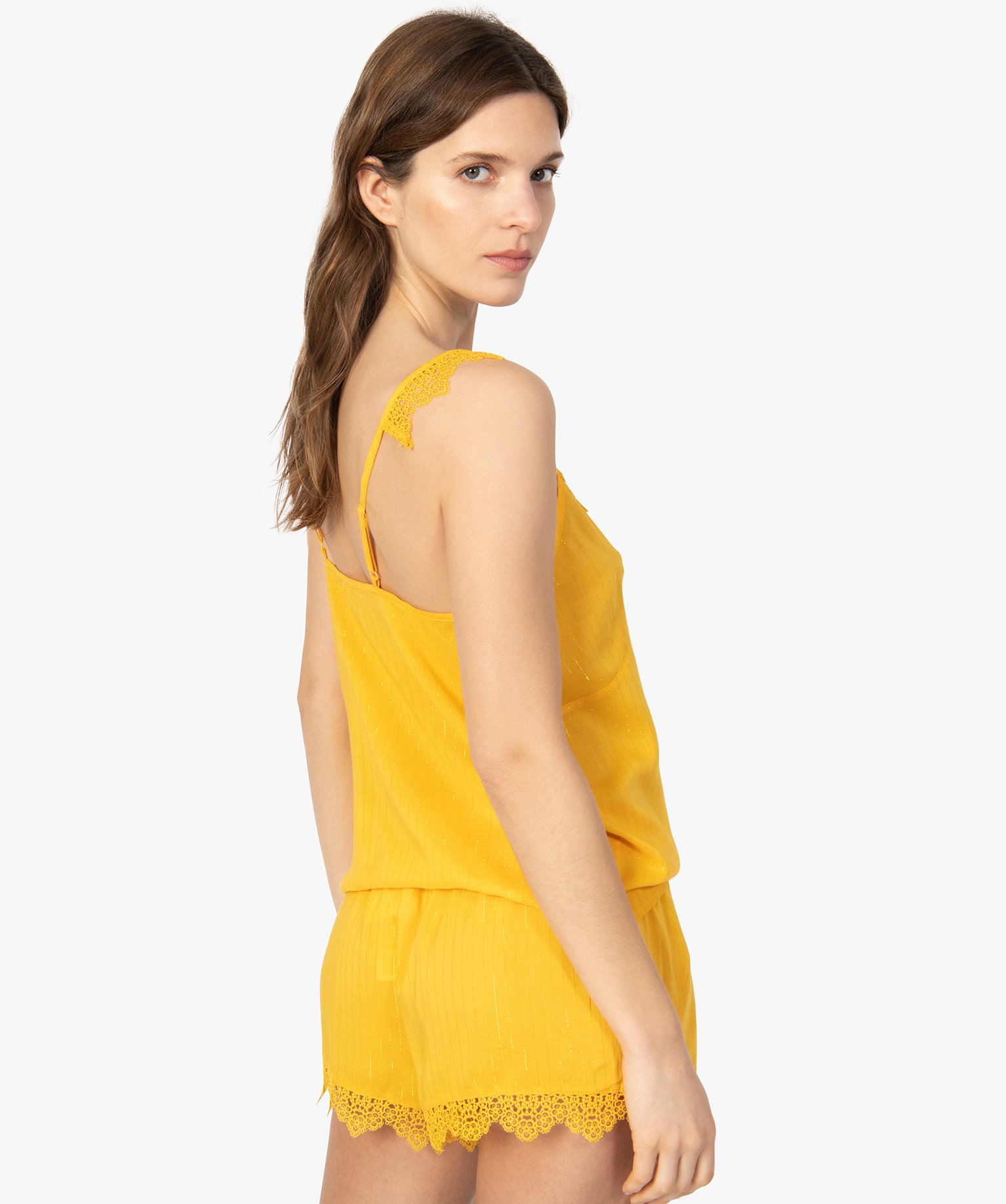 Débardeur femme à bretelles et dentelle jaune | GEMO