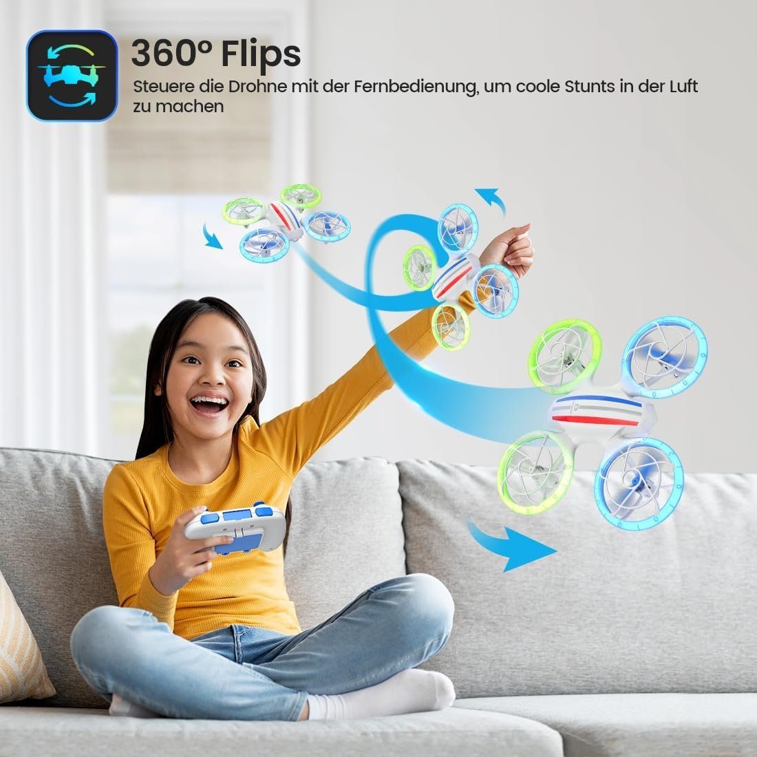 DEERC D23 Mini Drohne für Kinder,RC Quadrocopter mit 2 modulare Akkus Drohne (LED-Lichter 3D-Flips Höhenhaltung:Perfektes DrohnengeschenkfürAnfänger)