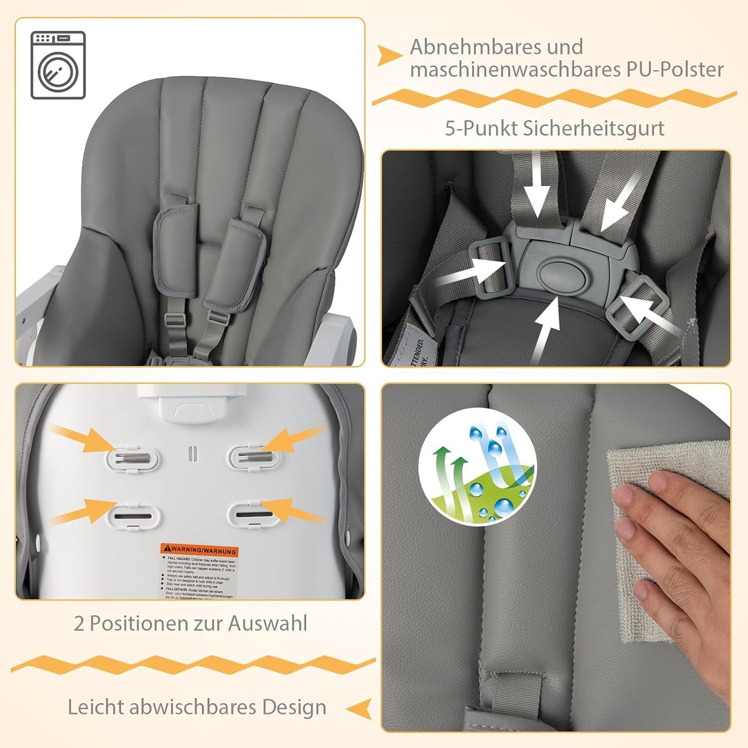 KOMFOTTEU Hochstuhl Baby, höhenverstellbarer Kinderhochstuhl, für Baby 6-36 Monate