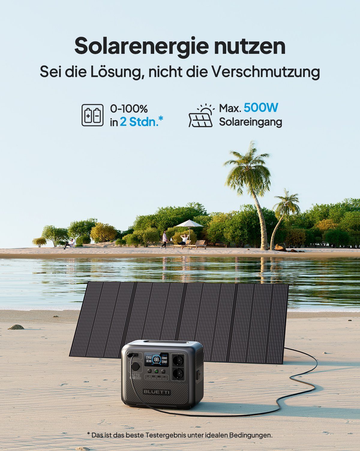 BLUETTI Stromerzeuger AC70 Solar generator mit Solar panel, 768Wh LiFePO4 Akku-Zelle, 1,00 in kW, (mit PV120 120W Solar panel, 1000W Pure Sine Wave Output), Solar generator kit für Haus, Camping, Notfall