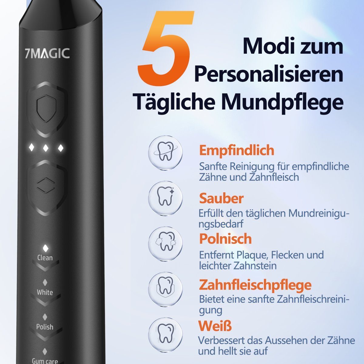 7Magic Schallzahnbürste Elektrische Zahnbürste mit Schalltechnologie 40000VPM UIltraschall, Aufsteckbürsten: 6 St., für Erwachsene und Kinder, 5 Zahnputz-Modi,Putzdauer-Erinnerung, Wasserdicht für die Dusche