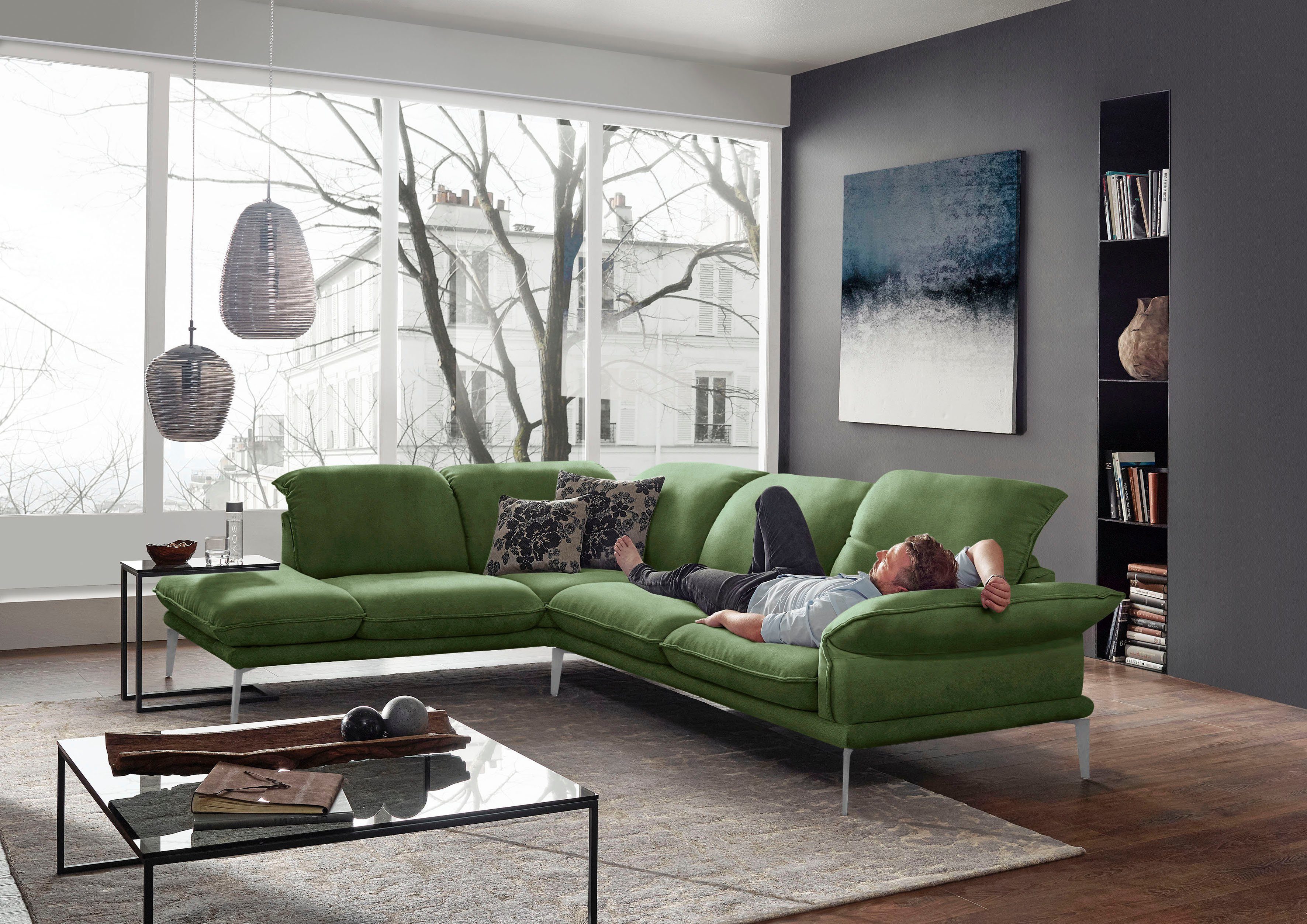 W.SCHILLIG Ecksofa sherry, Kopfstützenverstellung, Winkelfüße in Chrom glänzend, Breite 302 cm