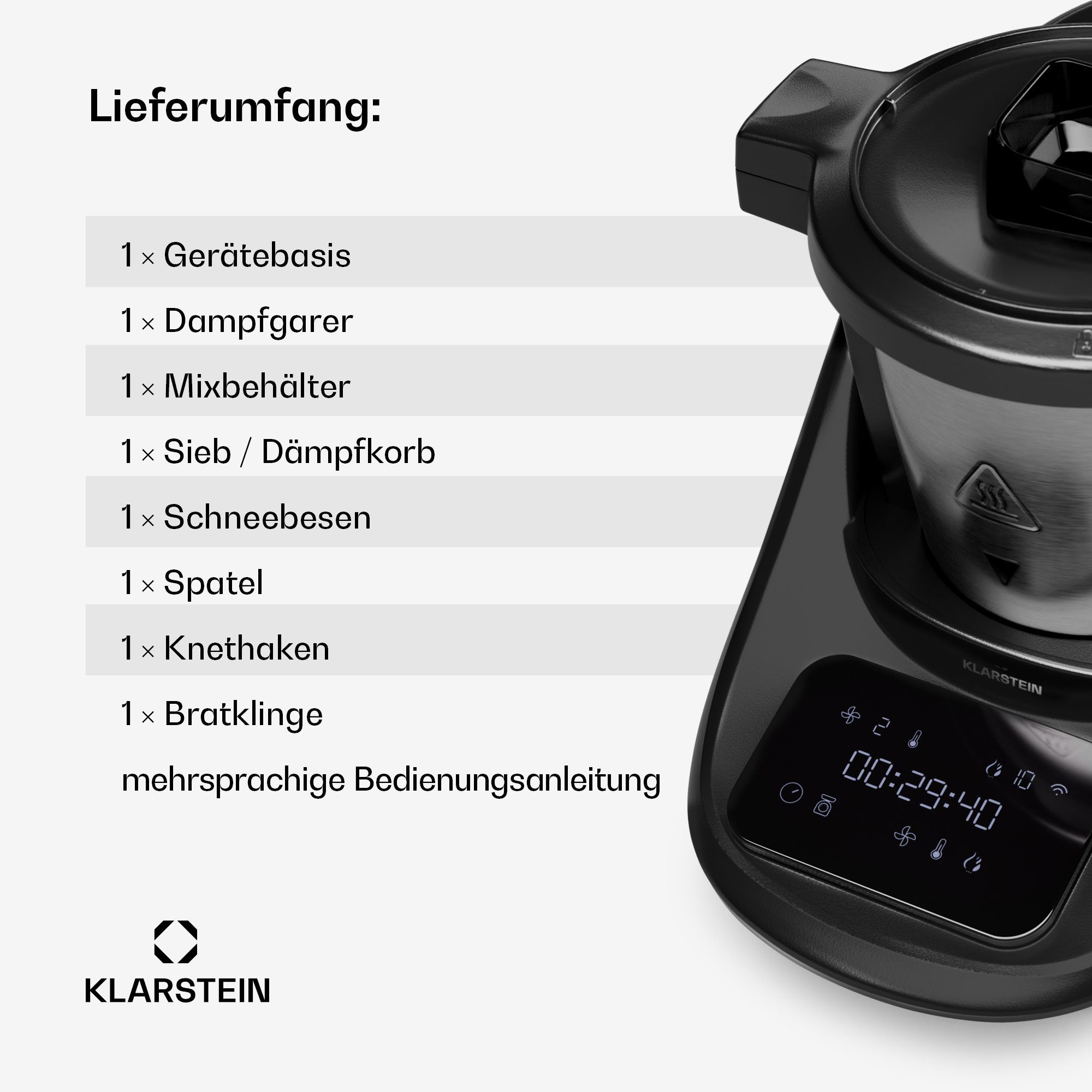 Klarstein Küchenmaschine mit Kochfunktion Aria Smart, 1700 W, 3.3 l Schüssel, Dämpfaufsatz Waage 3,3 L Edelstahl Touch App