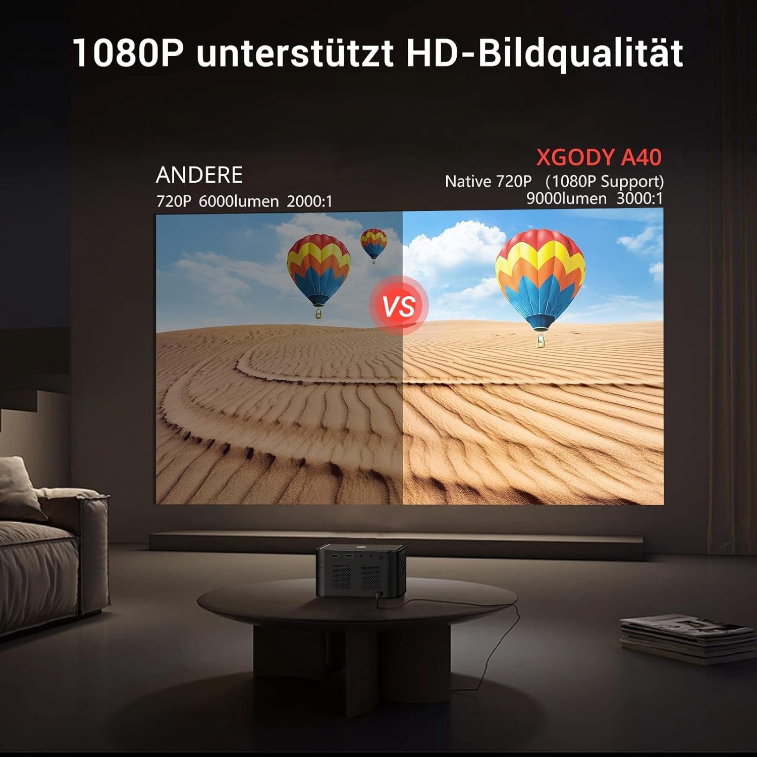 XGODY Portabler Projektor (9000 lm, 3000:1, 1920 x 1080 px, Projektor mit WLAN und Bluetooth 1080P Unterstützung HD Mini Heimkino)