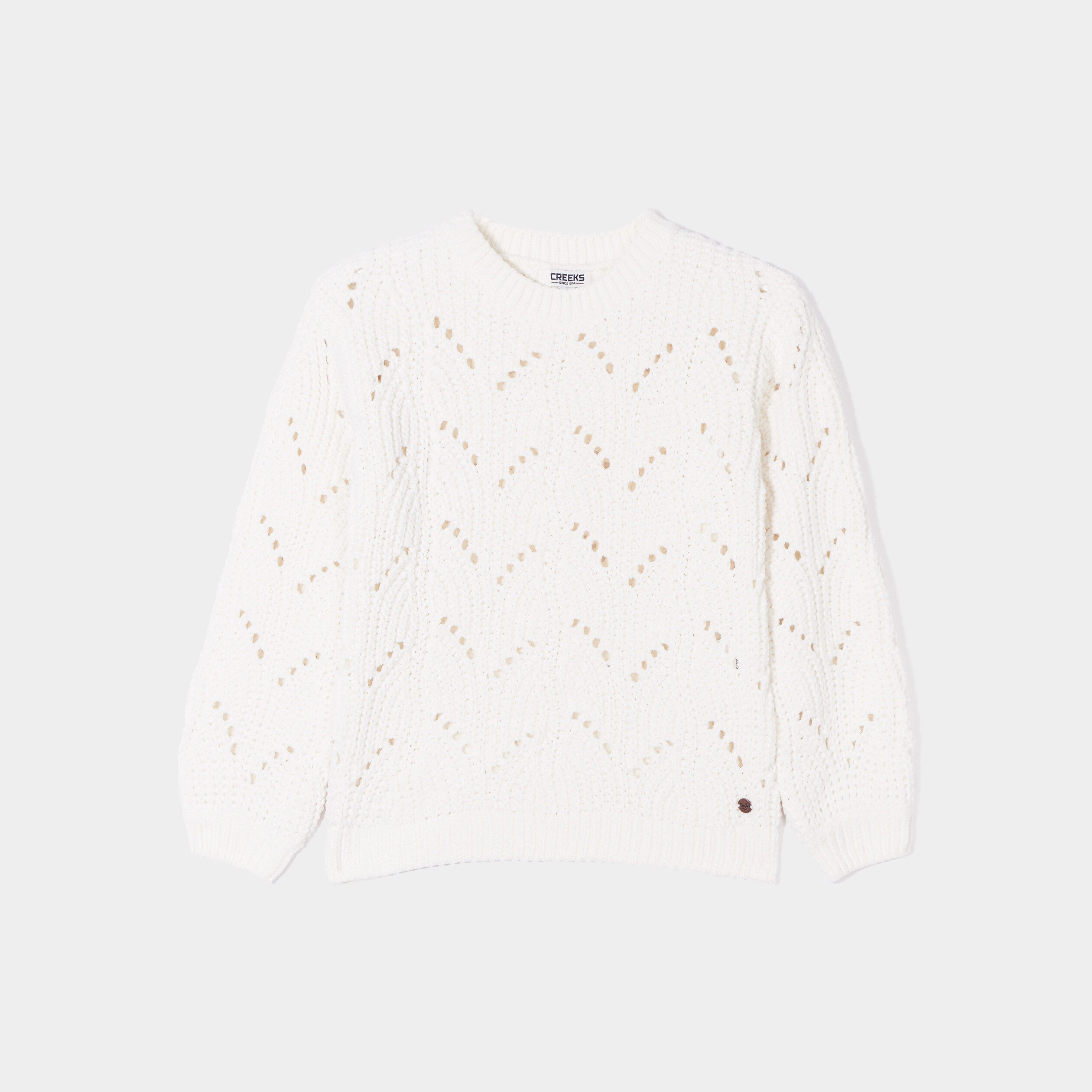 Pull col rond détails ajourés Creeks creme fille | La Halle