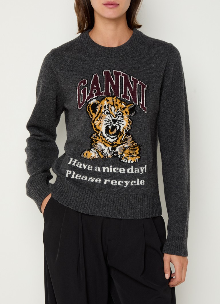Maglione Ganni a maglia fine in misto lana con logo lavorato a maglia