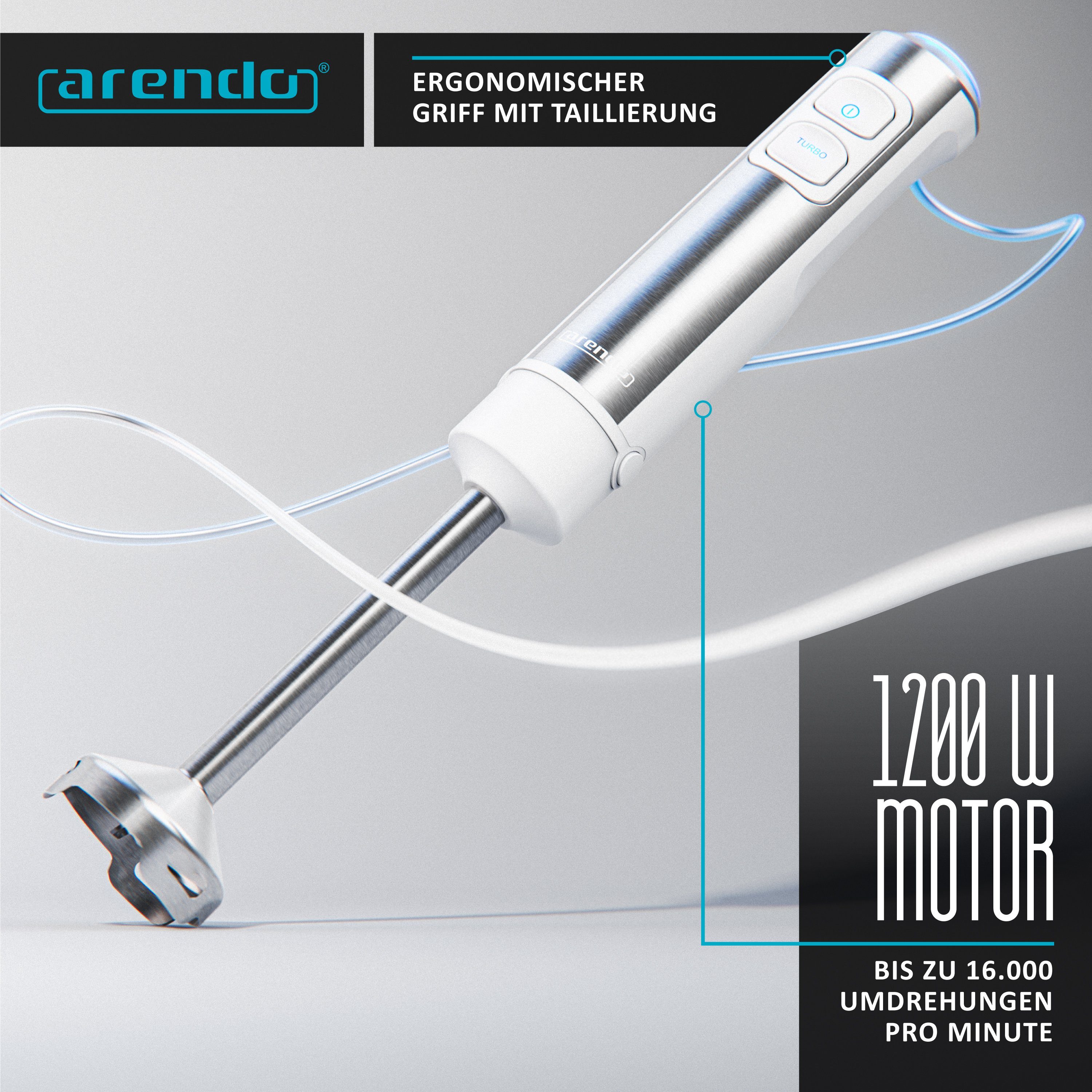 Arendo Stabmixer, 1200 W, Set, Edelstahl, DC Motor, inkl. 800 ml Messbecher, Schneebesen