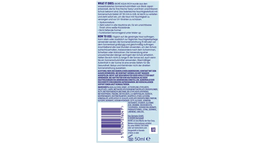 BIORÉ Aqua Rich UV Leichtes Feuchtigkeitsfluid LSF50 50 ml