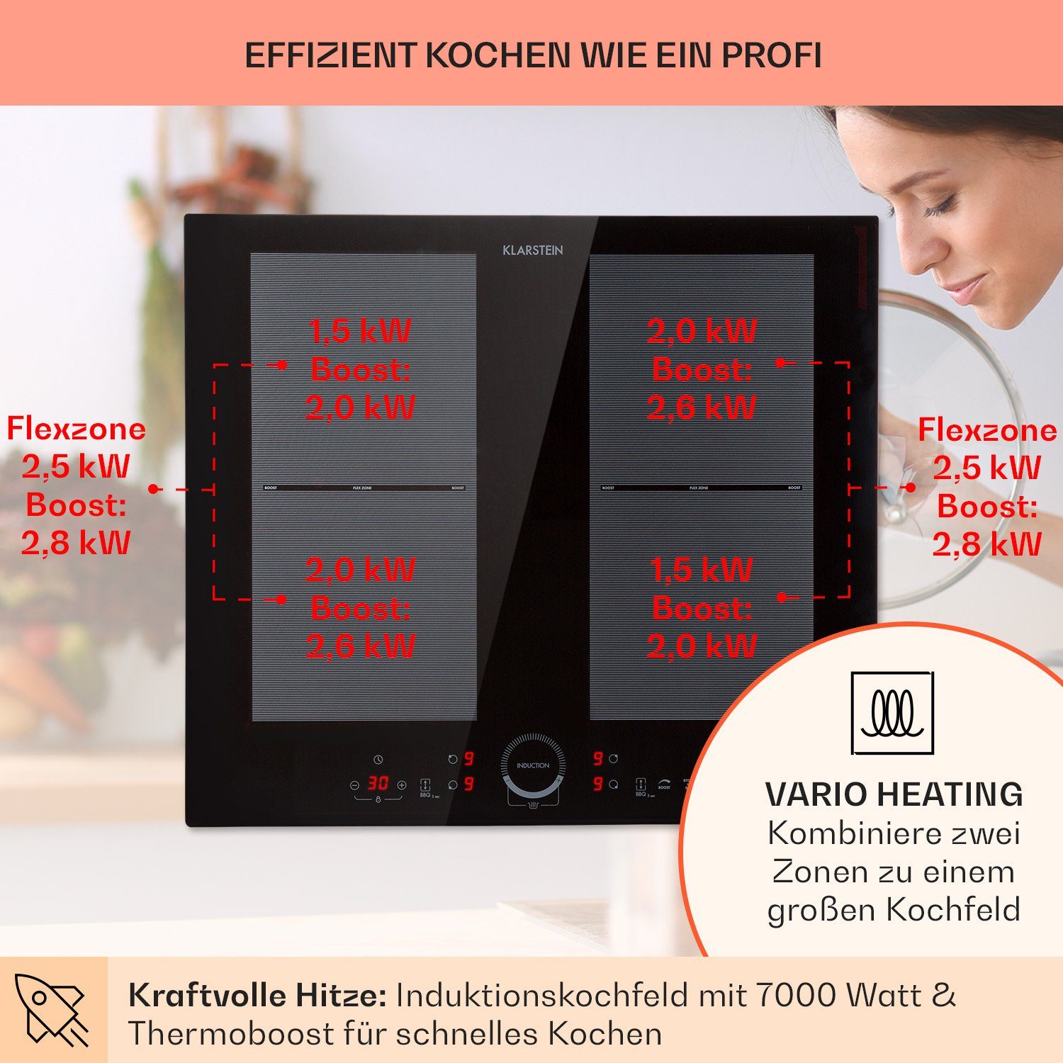 Klarstein Induktions-Kochfeld Delicatessa 60 Einbaukochfeld Induktion 4 Zonen 7000W Glaskeramik CP4-Delicatessa-60-B, Einbau Induktionskochfeld 4 Kochfelder Platten Induktionsherd