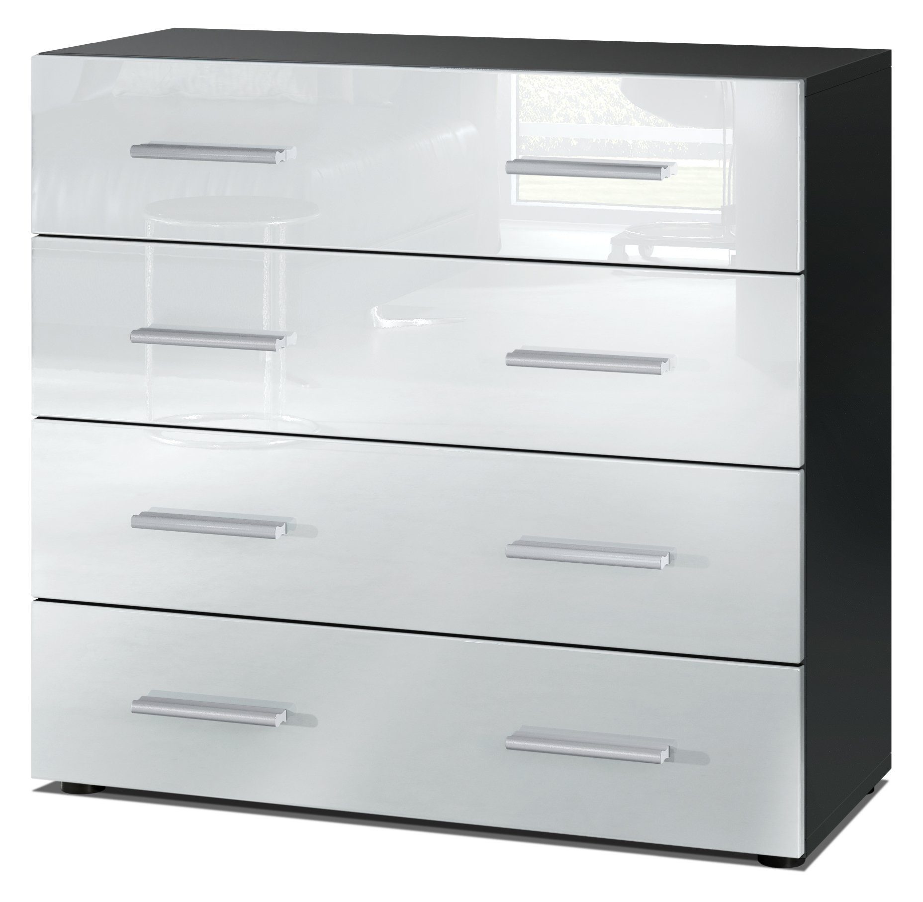 Vladon Kommode Pavos (Kommode, ​mit 4 Schubladen), Schwarz matt/Weiß Hochglanz (76 x 72 x 35 cm)
