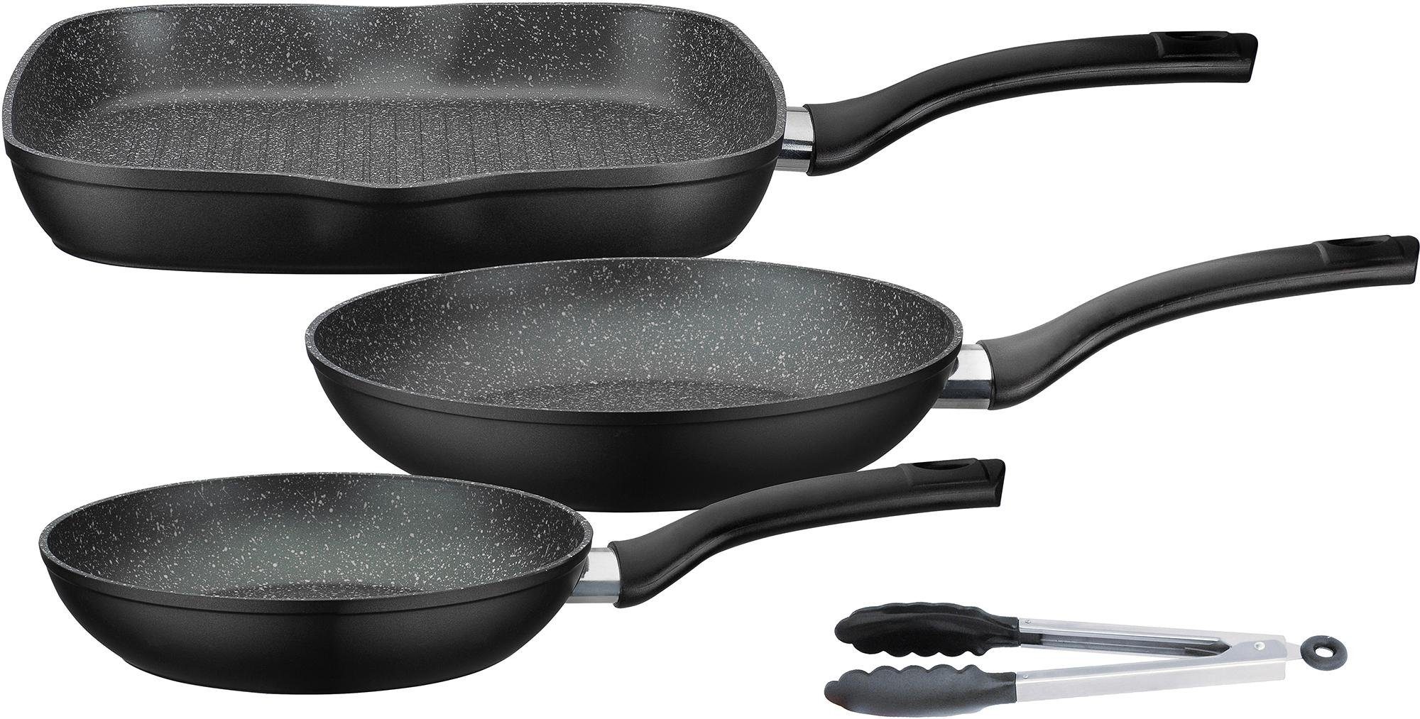 GSW Topf-Set Gourmet Granit, Aluminiumguss (Set, 5-tlg., 3 Pfannen, 1 Bräter, 1 Kochzange), Induktion