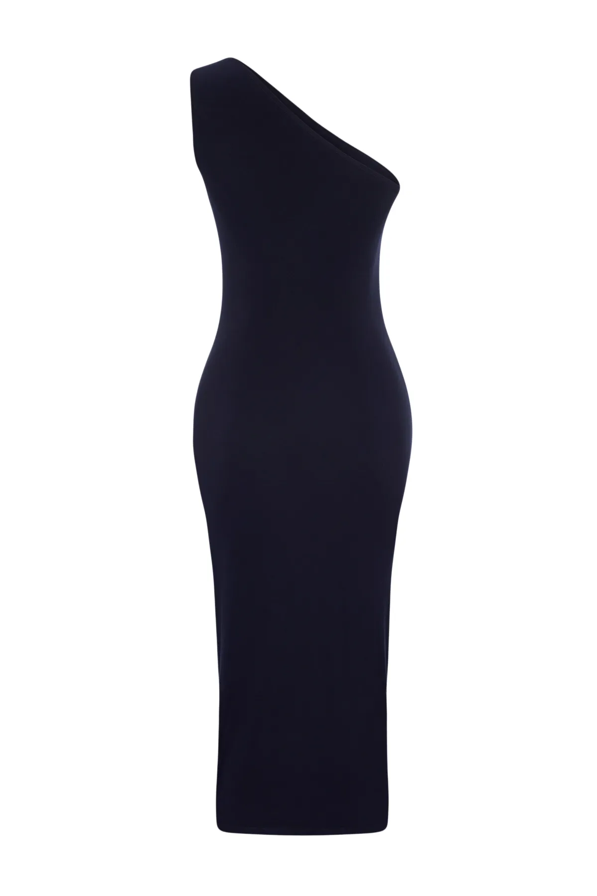 Trendyol Collection  Marineblaues, einschultriges, drapiertes, tailliertes Maxi-Bleistiftkleid aus dehnbarem Strick in Midilänge TWOSS24EL00100