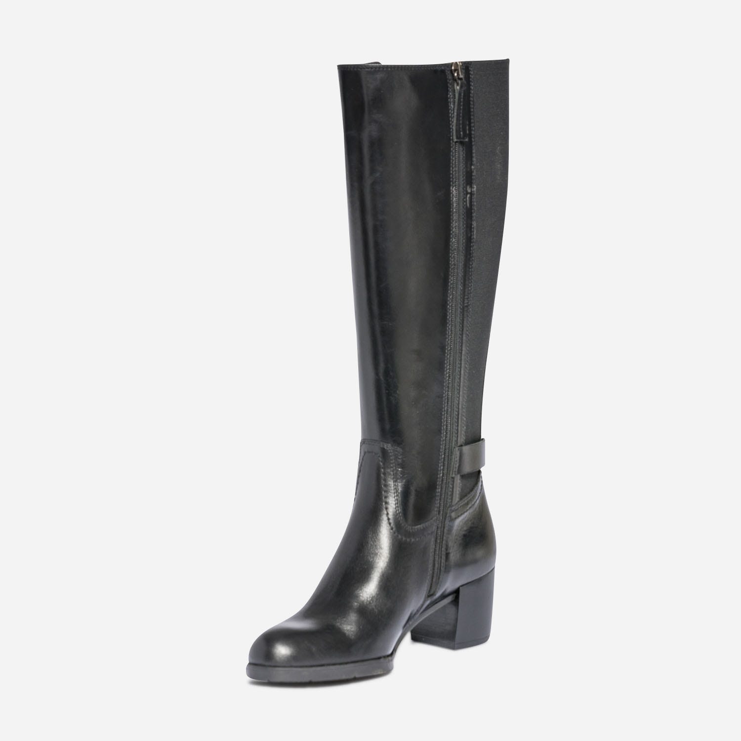 Botte à talon noire en cuir pour mollet fin