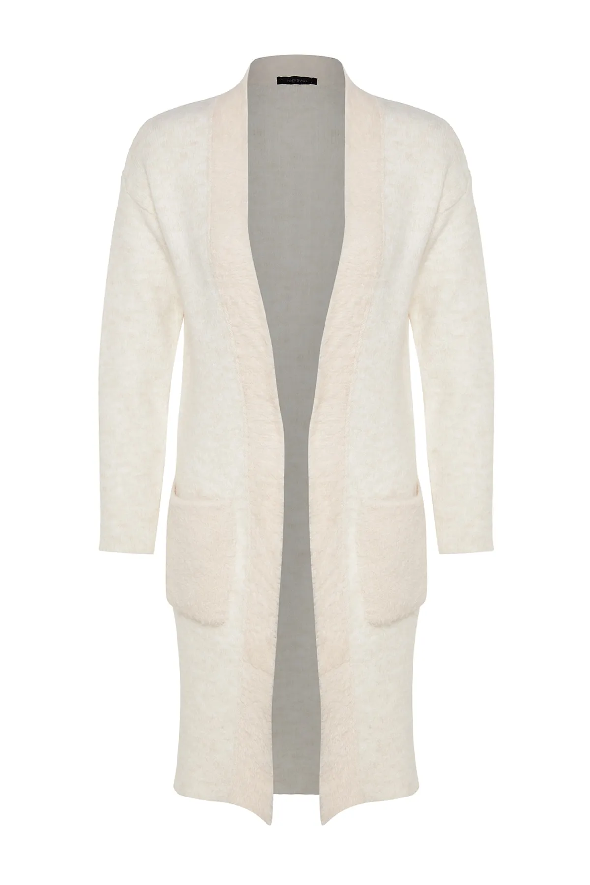 Trendyol Collection  Ecrufarbener, pelziger Midi-Strickcardigan mit weiter Passform TWOAW24HI00107